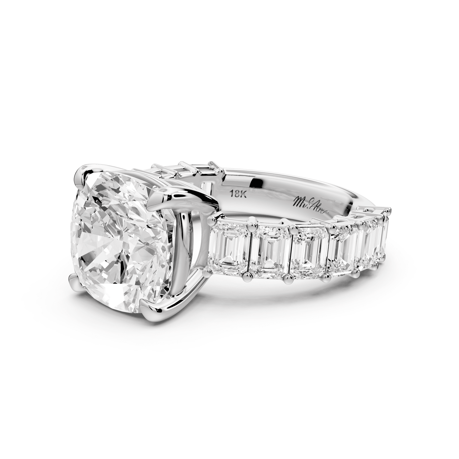 Violetta - 5ct 18k white gold cushion diamond with emerald cut accent stones engagement ring - Mr. Alex Jewelry