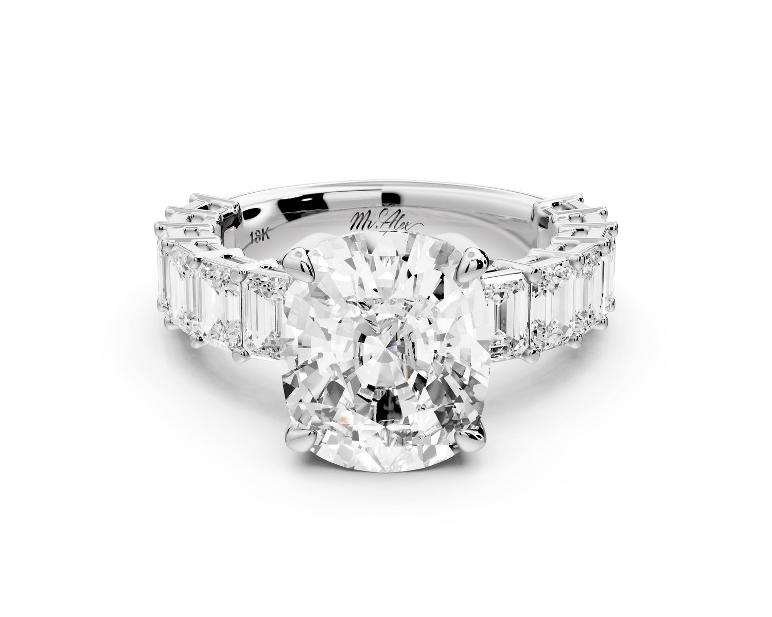 Violetta - 5ct 18k white gold ecushion diamond with emerald cut accent stones engagement ring - Mr. Alex Jewelry