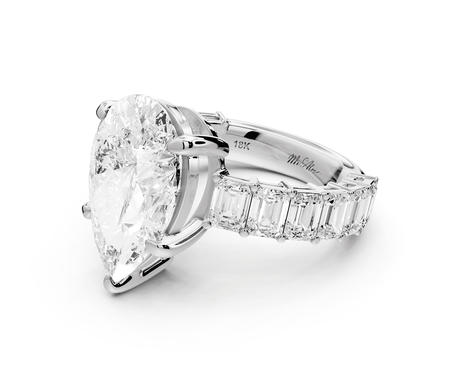 Violetta - 5ct 18k white gold pear diamond with emerald cut accent stones engagament ring - Mr. Alex Jewelry