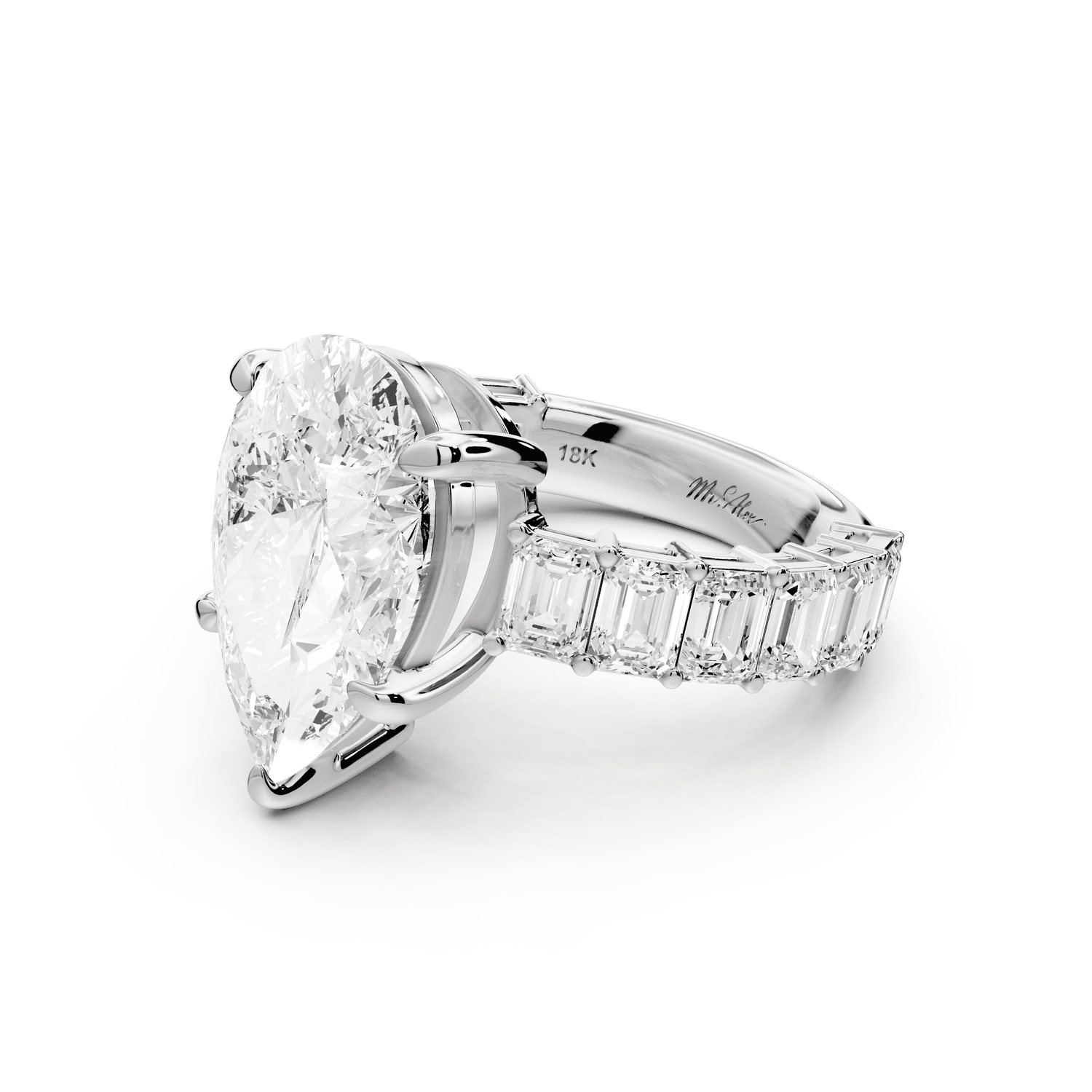 Violetta - 5ct 18k white gold pear diamond with emerald cut accent stones engagament ring - Mr. Alex Jewelry
