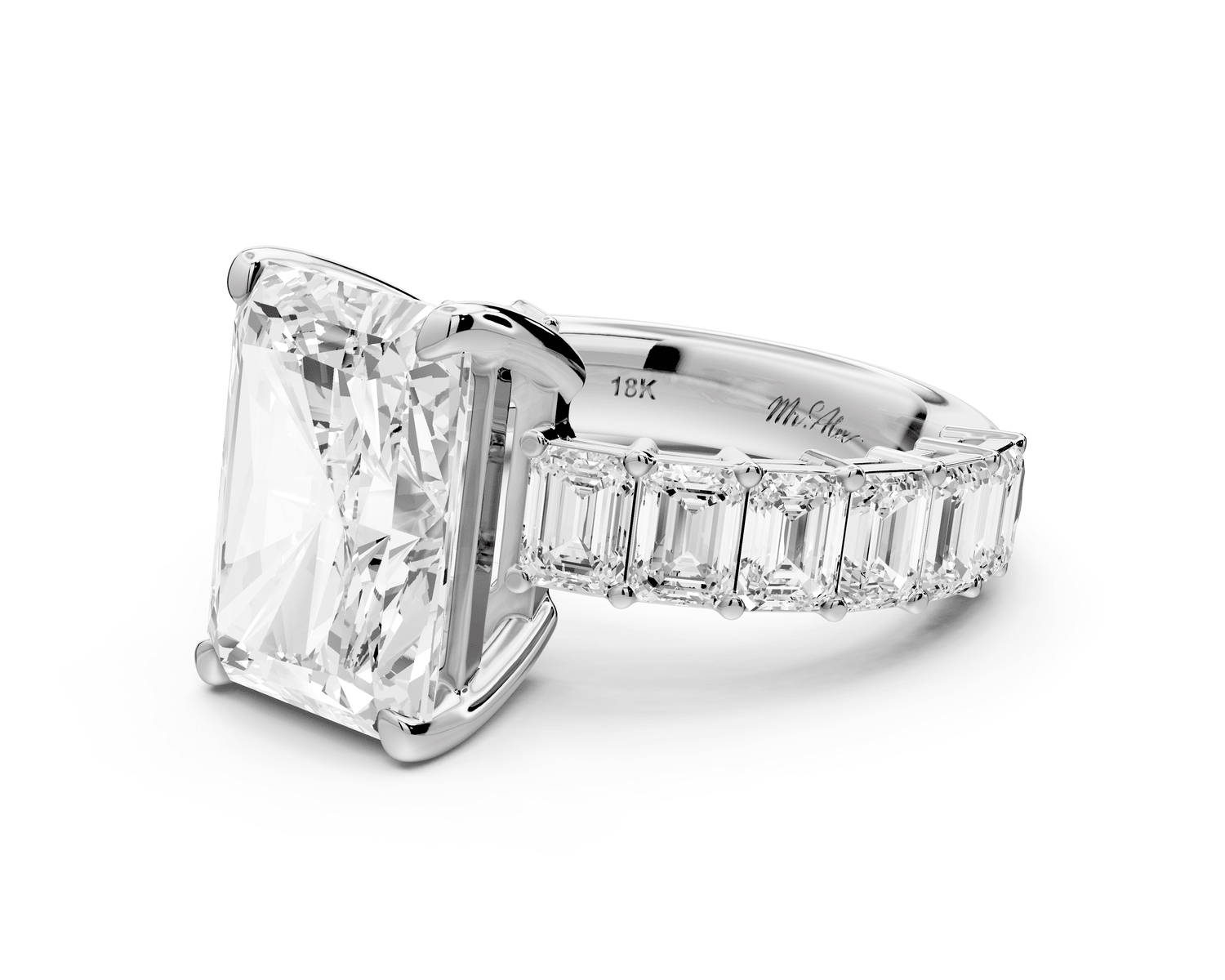 Violetta - 5ct 18k white gold radiant diamond with emerald cut accent stones engagement ring - Mr. Alex Jewelry