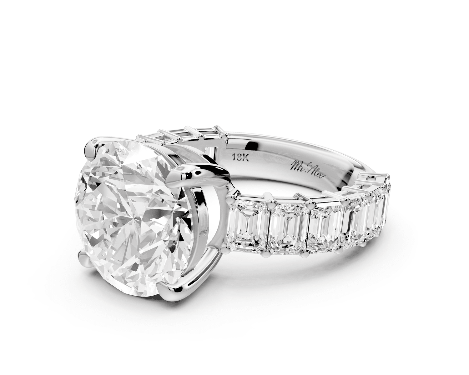 Violetta - 5ct 18k white gold round diamond with emerald cut accent stones engagement ring - Mr. Alex Jewelry