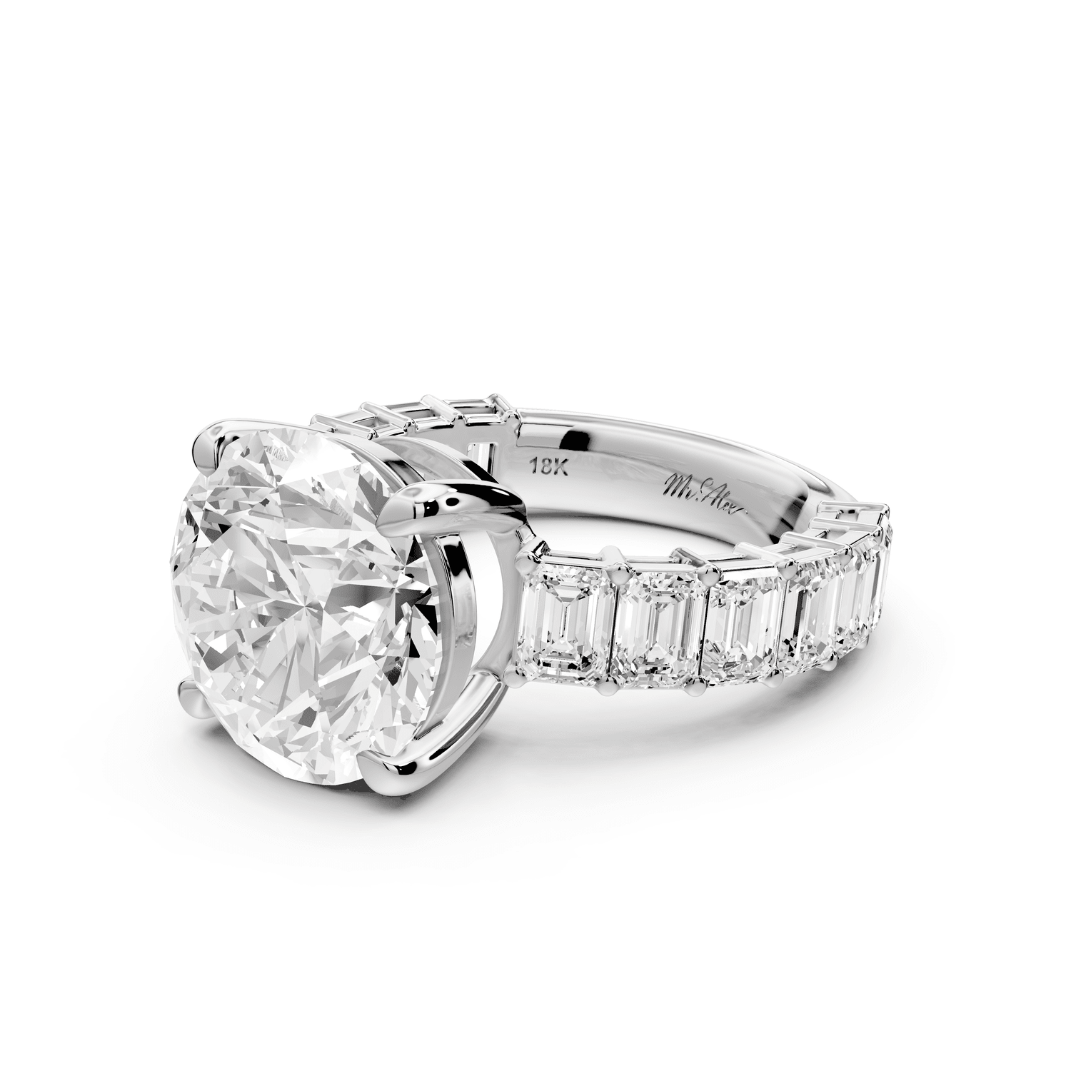 Violetta - 5ct 18k white gold round diamond with emerald cut accent stones engagement ring - Mr. Alex Jewelry