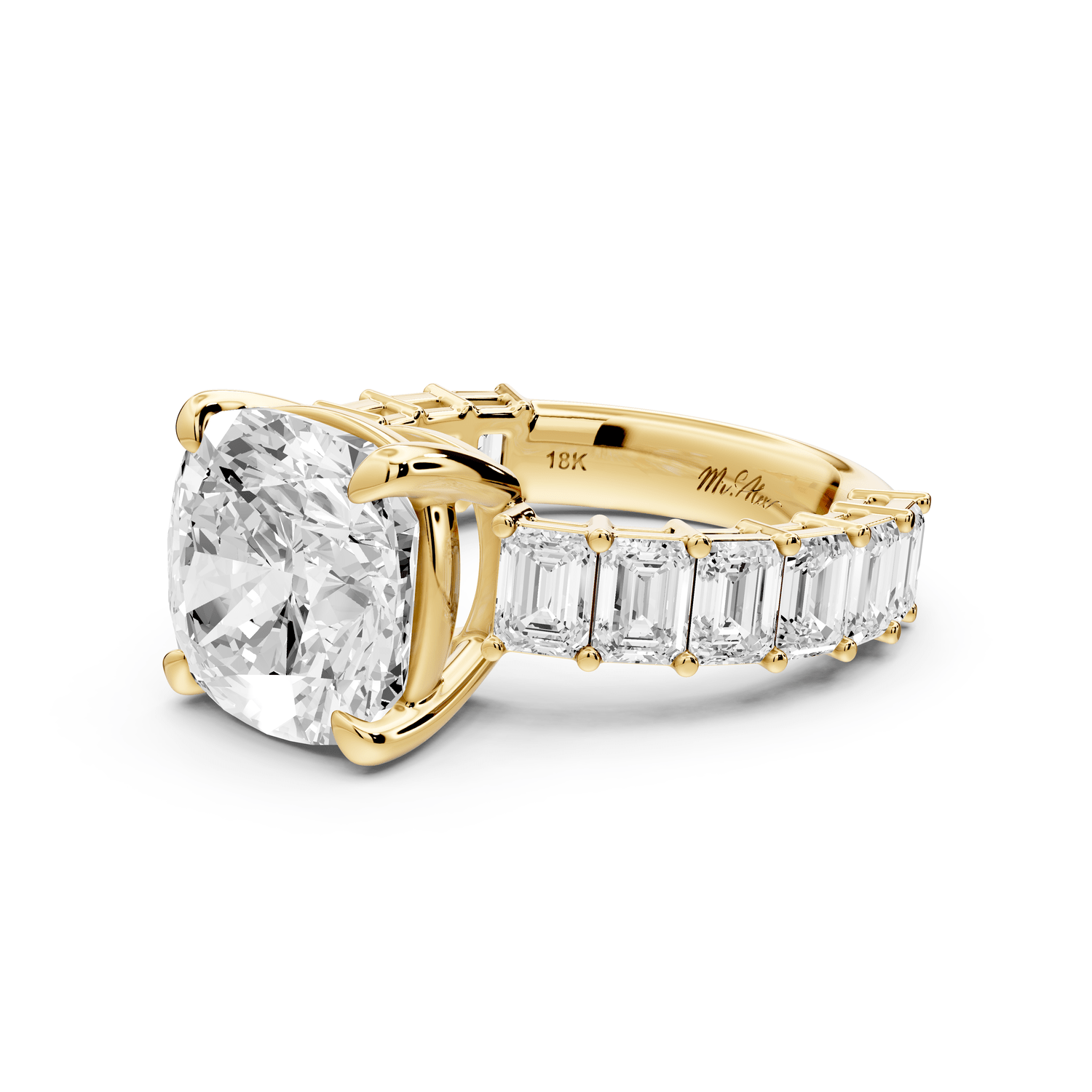 Violetta - 5ct 18k yellow gold cushion diamond with emerald cut accent stones engagement ring - Mr. Alex Jewelry
