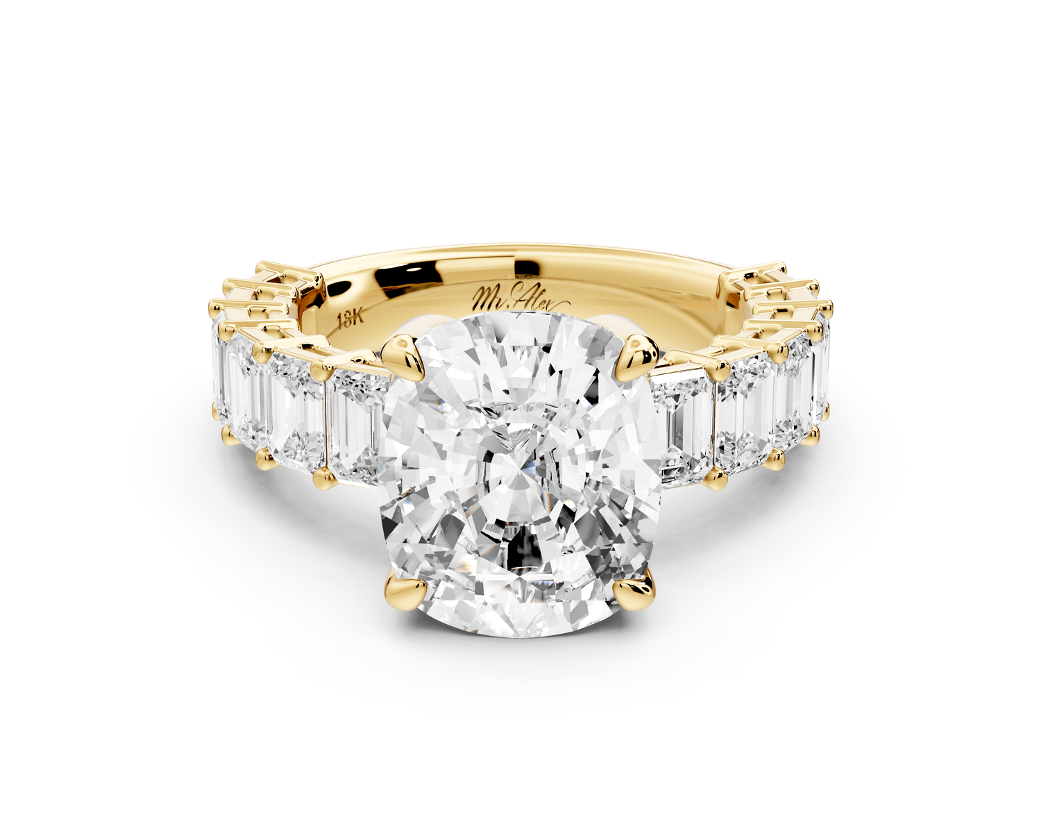 Violetta - 5ct 18k yellow gold ecushion diamond with emerald cut accent stones engagement ring - Mr. Alex Jewelry