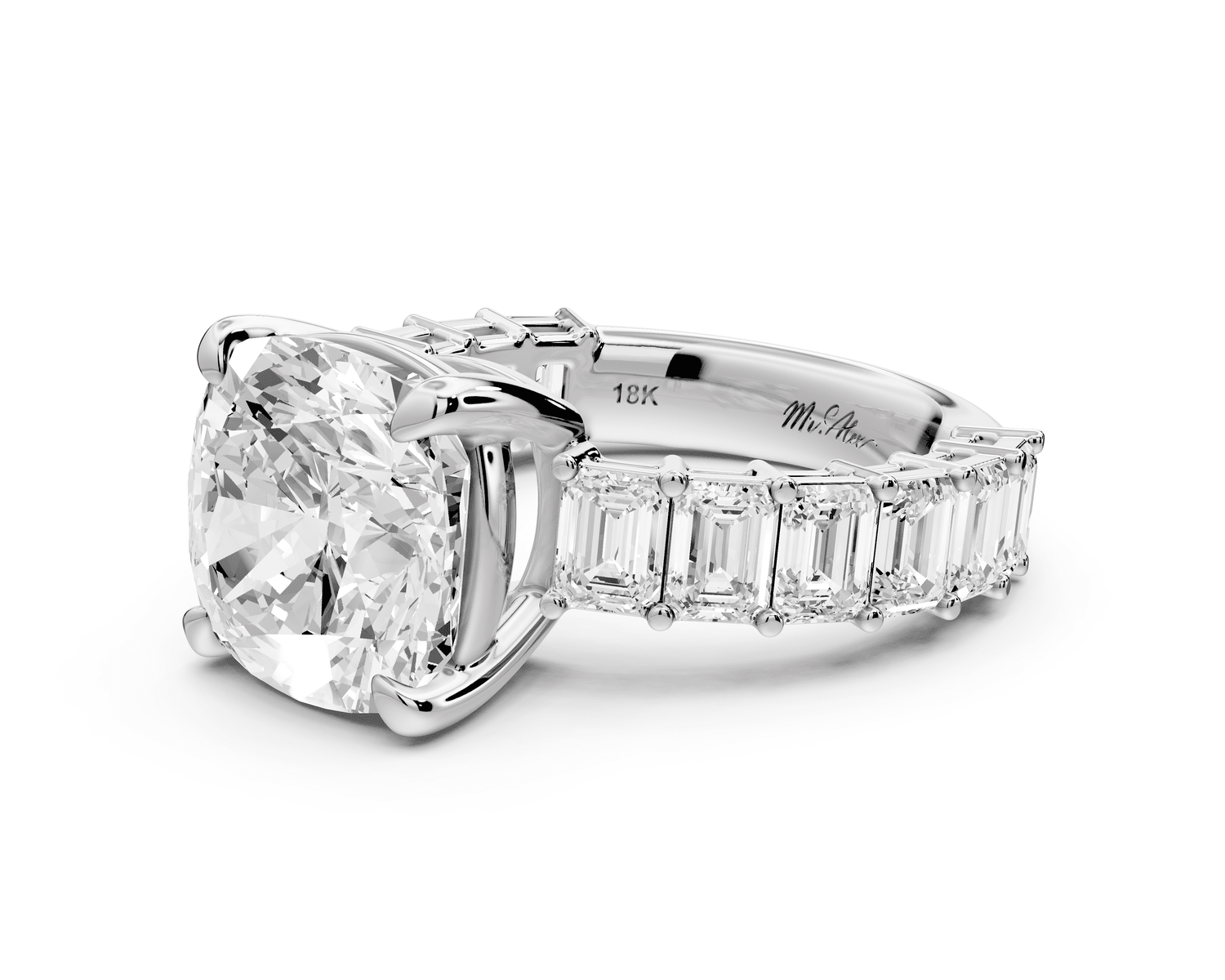 Violetta - 5ct platinum cushion diamond with emerald cut accent stones engagement ring - Mr. Alex Jewelry
