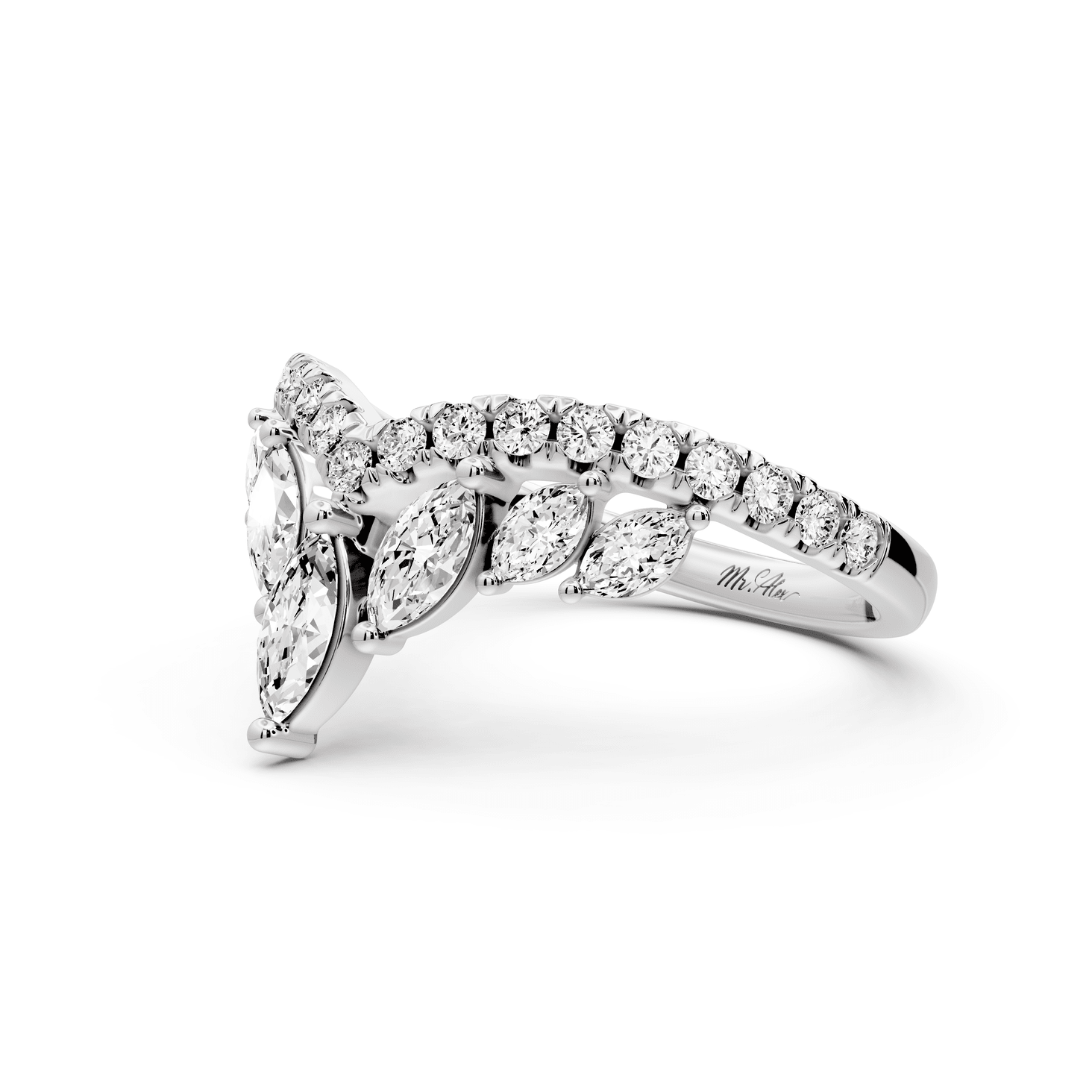 Zagni - 18k white gold Marquise Diamond V-Shape Curved Wedding Band - Mr. Alex Jewelry
