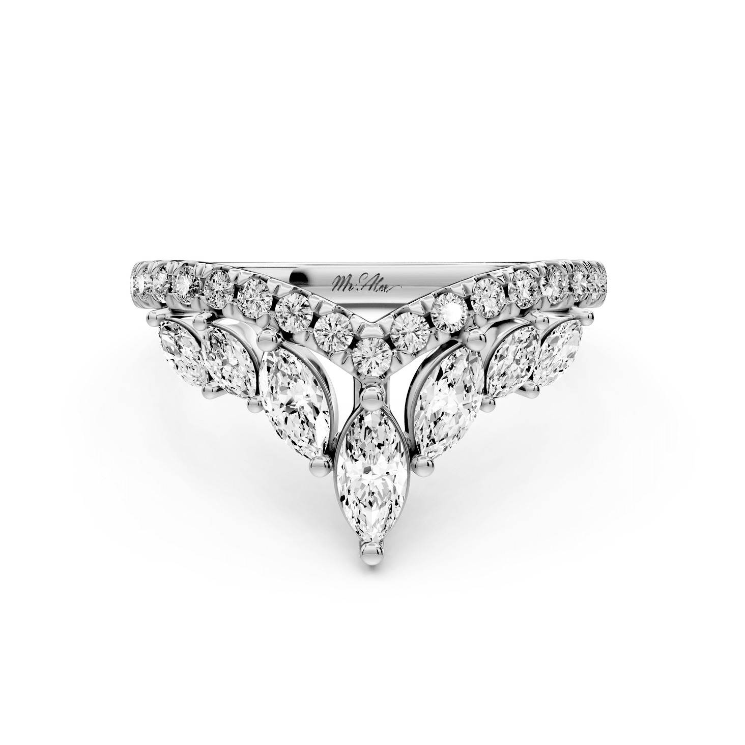 Zagni - 18k white gold Marquise Diamond V-Shape Curved Wedding Band - Mr. Alex Jewelry