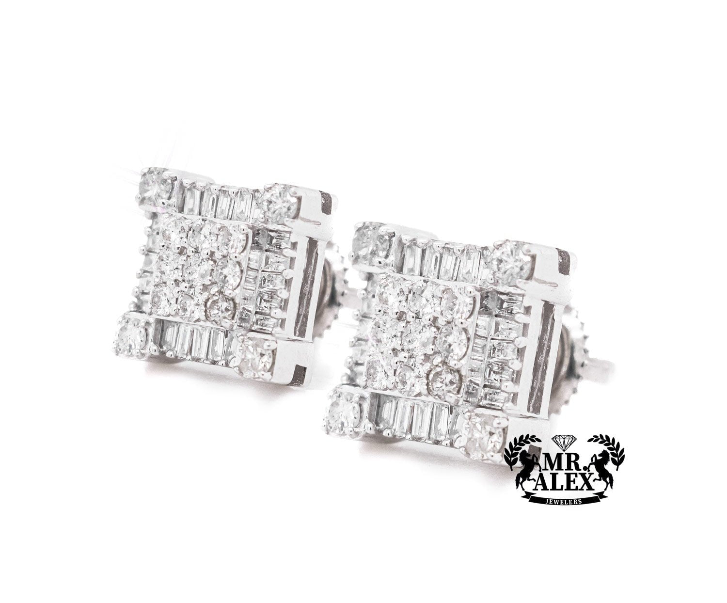 10K 3D Square Baguette Stud Earrings 0.85CT White Gold