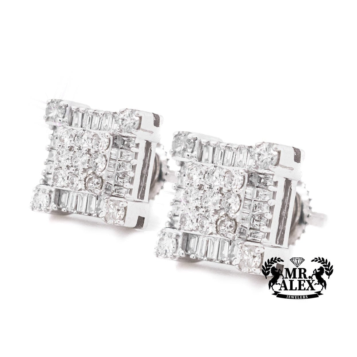 10K 3D Square Baguette Stud Earrings 0.85CT White Gold - Mr. Alex Jewelry