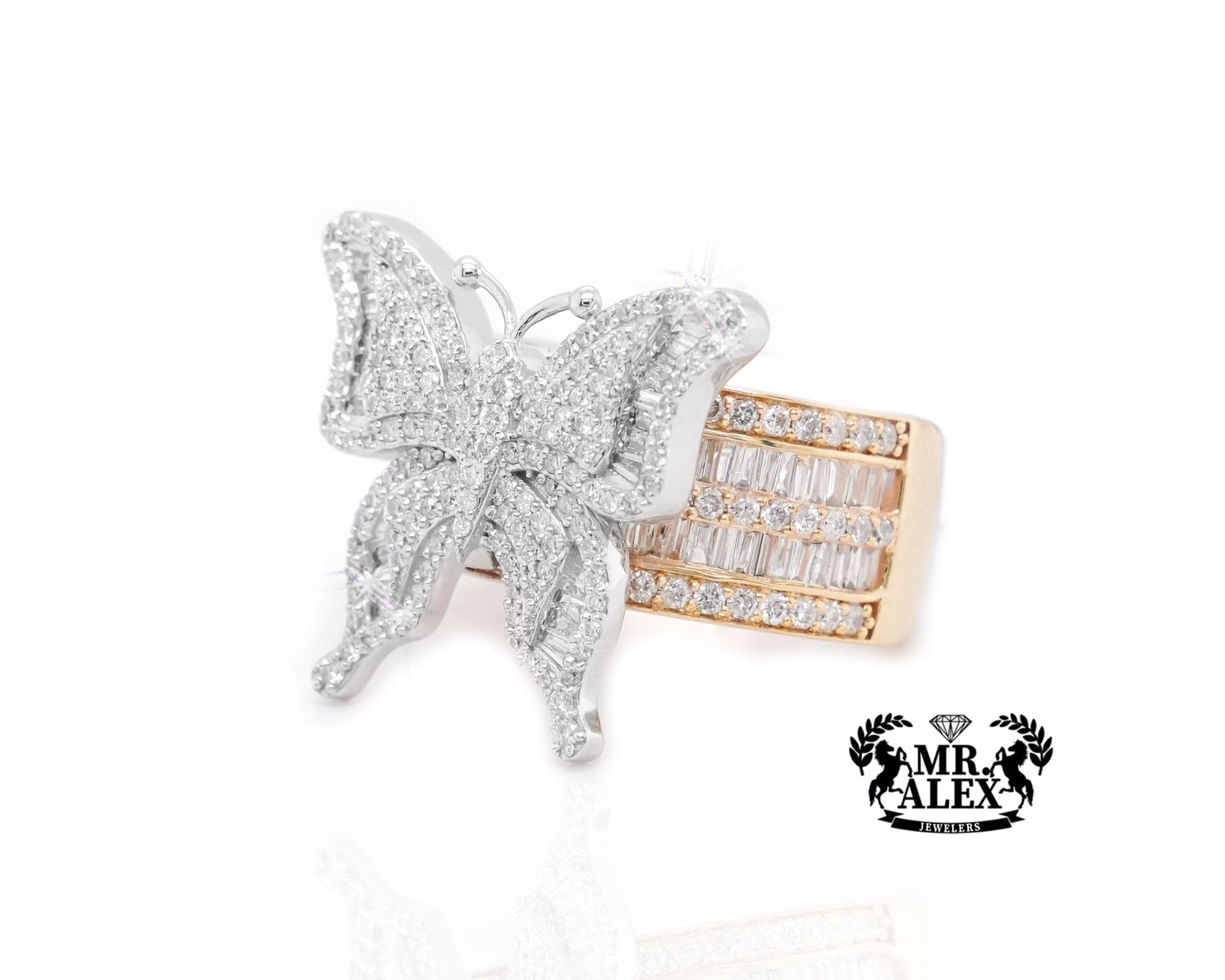 10K Gold Grand Butterfly Ring with Diamond Baguettes 1.70ct - Mr. Alex Jewelry