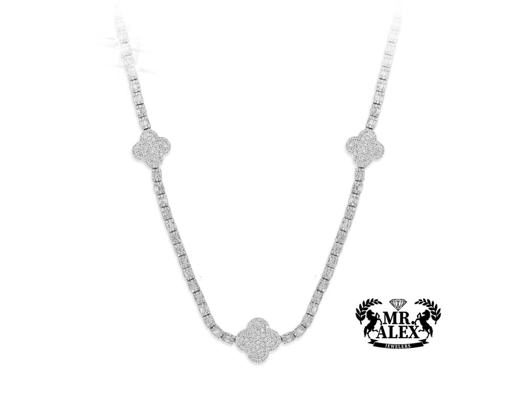 10K Gold Triple Clover Design tennis Diamond Chain 7.50ct - Mr. Alex Jewelry