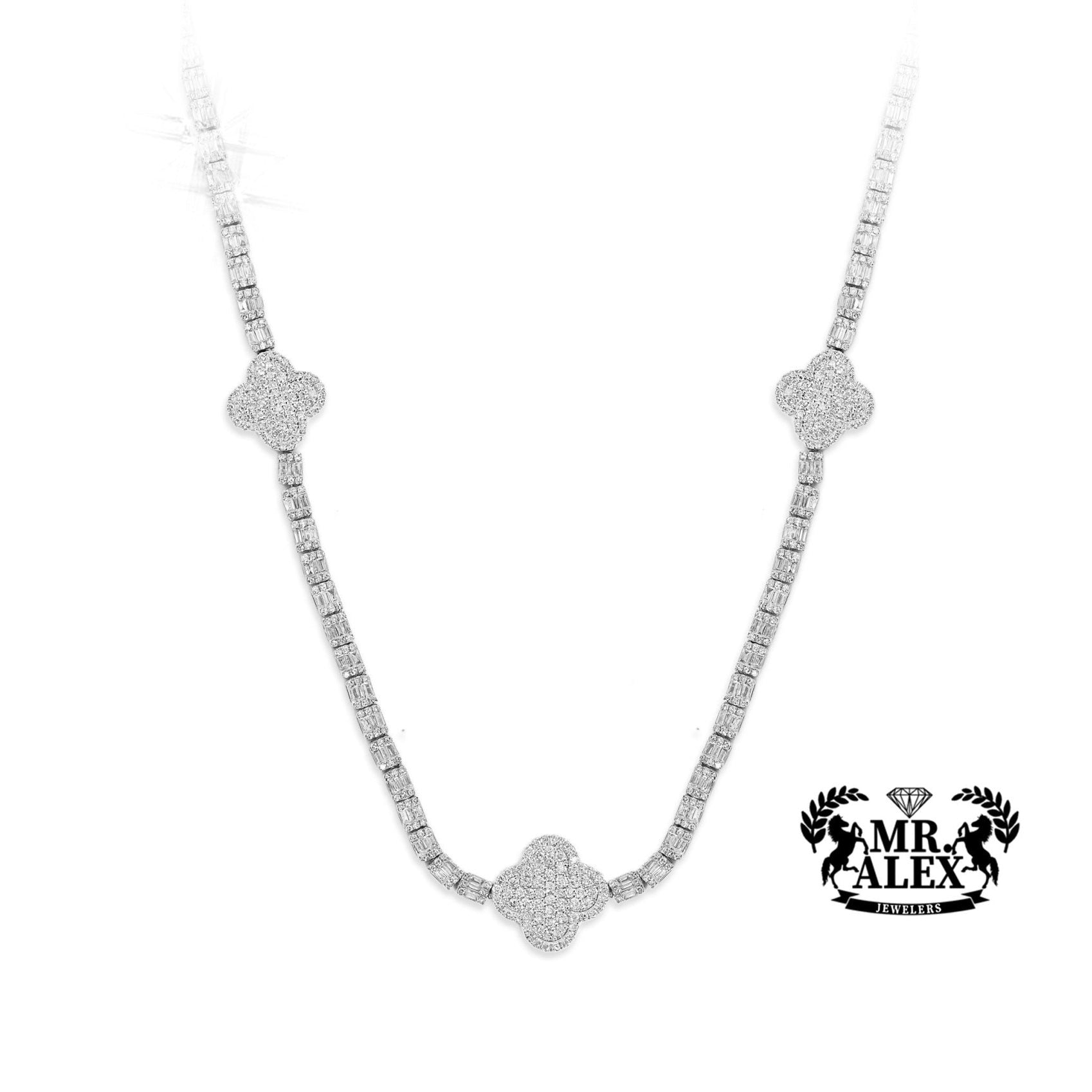 10K Gold Triple Clover Design tennis Diamond Chain 7.50ct - Mr. Alex Jewelry
