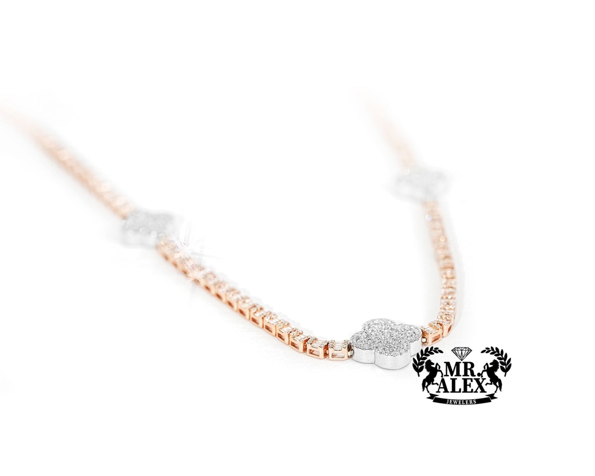 10K Gold Triple Clover Design tennis Diamond Chain 7.50ct - Mr. Alex Jewelry