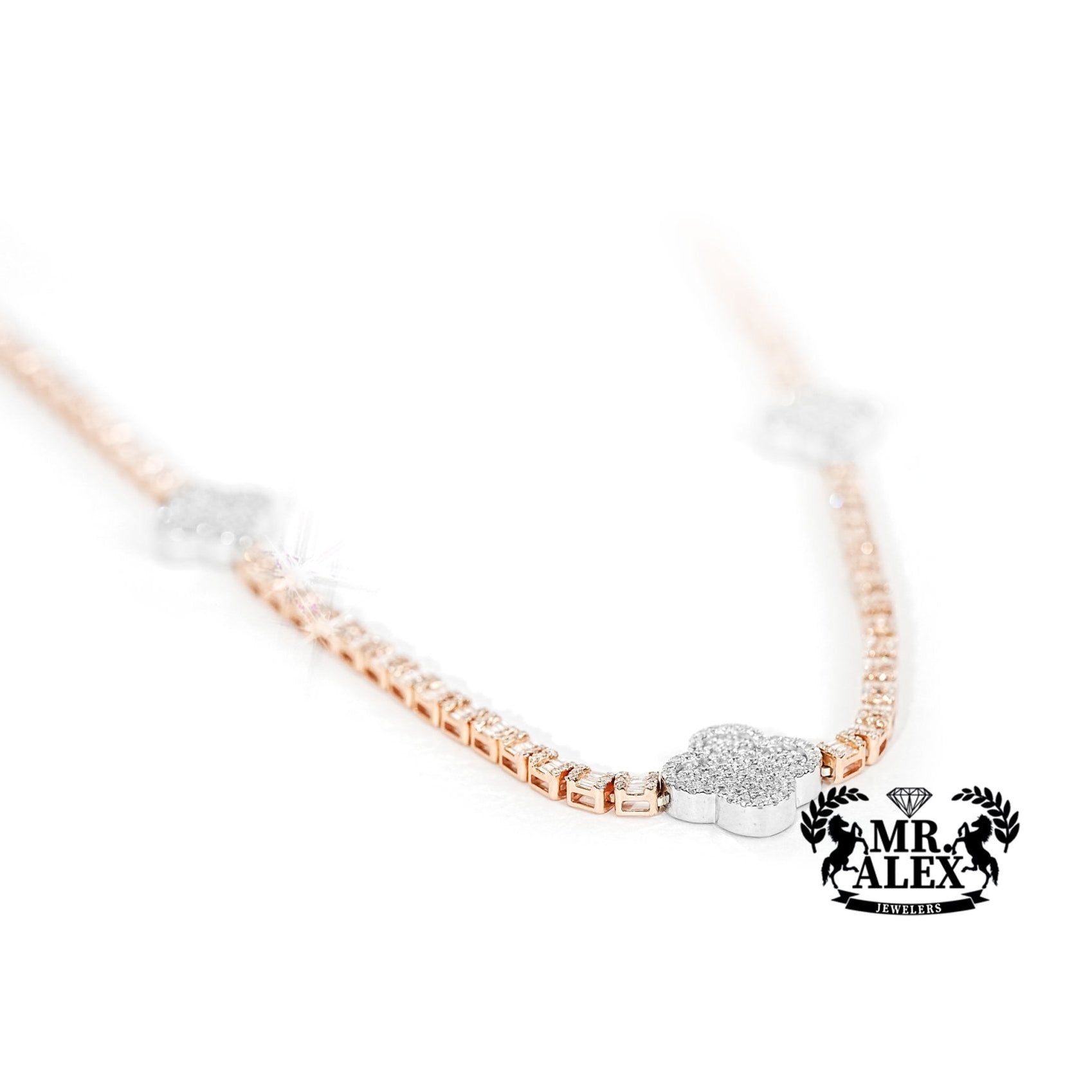 10K Gold Triple Clover Design tennis Diamond Chain 7.50ct - Mr. Alex Jewelry