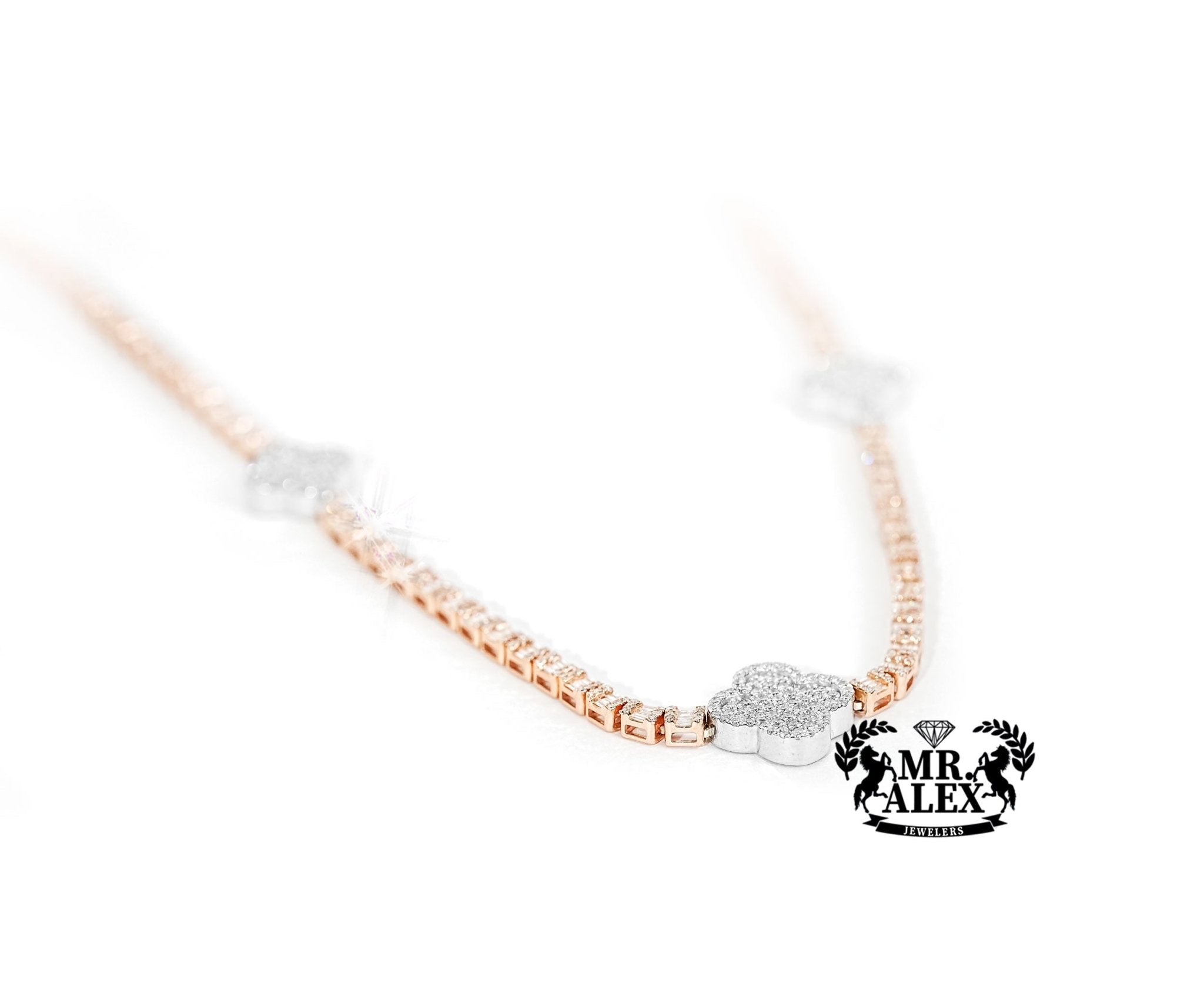 10K Gold Triple Clover Design tennis Diamond Chain 7.50ct - Mr. Alex Jewelry