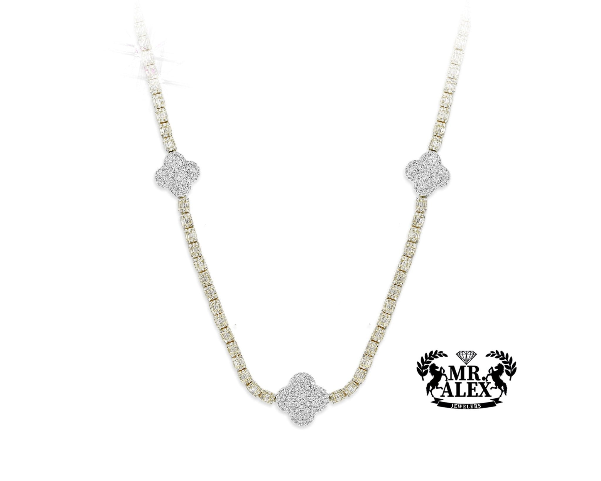 10K Gold Triple Clover Design tennis Diamond Chain 7.50ct - Mr. Alex Jewelry