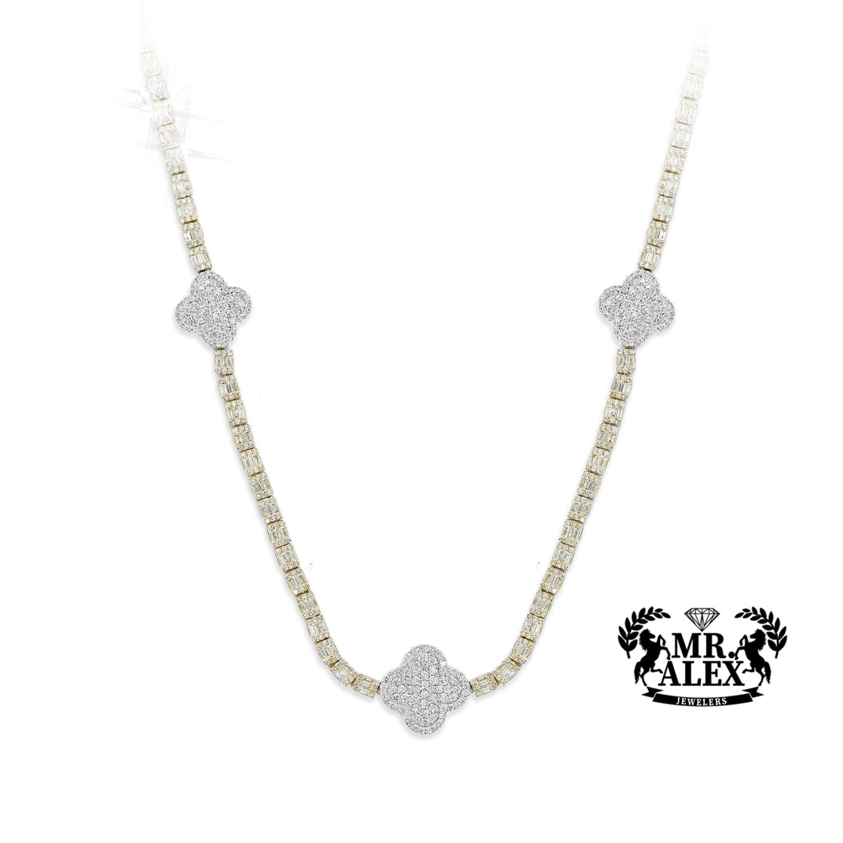 10K Gold Triple Clover Design tennis Diamond Chain 7.50ct - Mr. Alex Jewelry