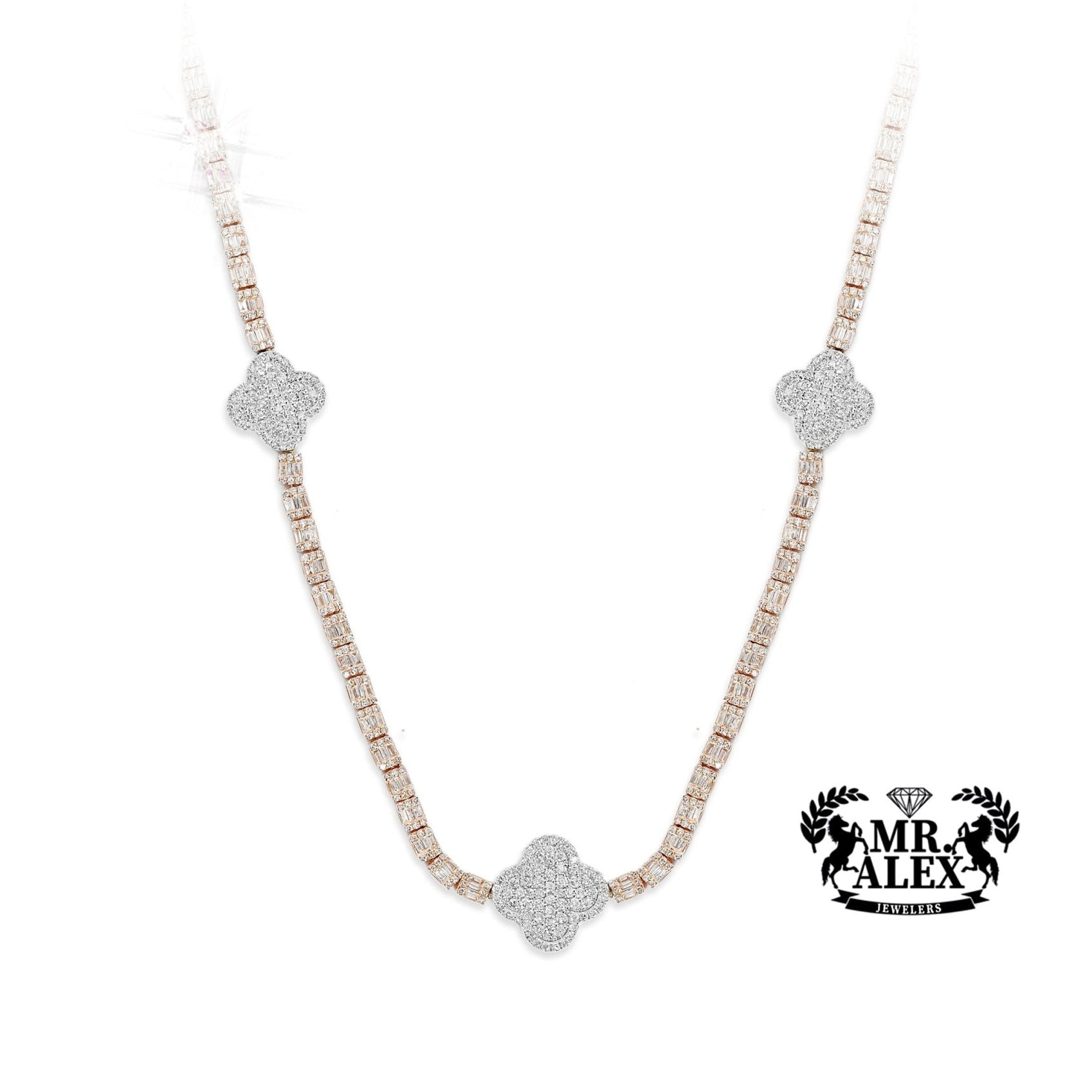10K Gold Triple Clover Design tennis Diamond Chain 7.50ct - Mr. Alex Jewelry