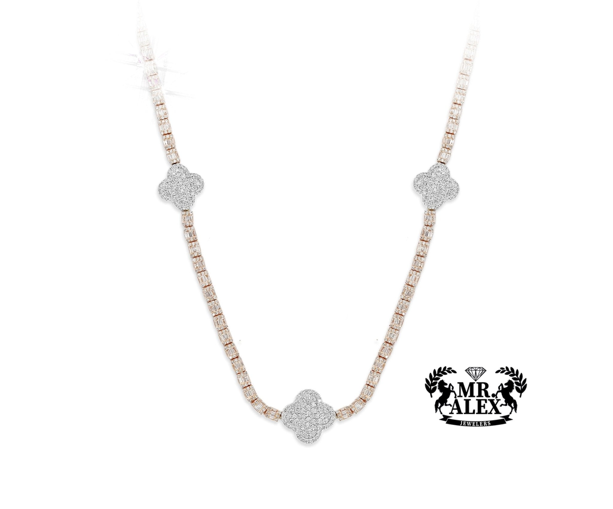 10K Gold Triple Clover Design tennis Diamond Chain 7.50ct - Mr. Alex Jewelry