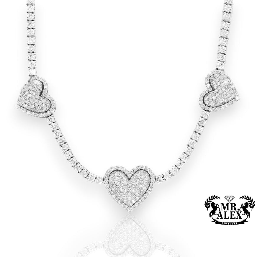 10K Luxury Triple Heart Tennis Chain 3.70CT - Mr. Alex Jewelry