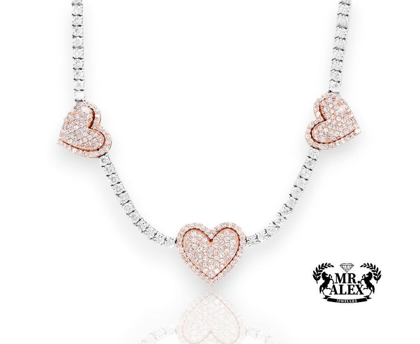 10K Luxury Triple Heart Tennis Chain 3.70CT - Mr. Alex Jewelry