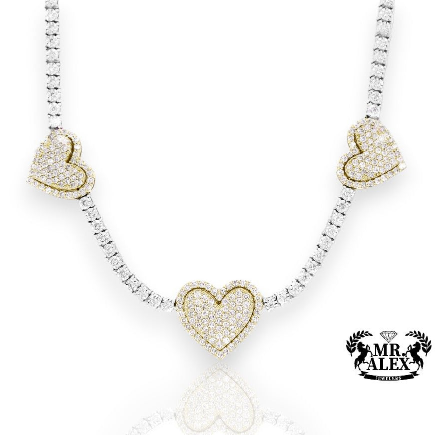 10K Luxury Triple Heart Tennis Chain 3.70CT - Mr. Alex Jewelry