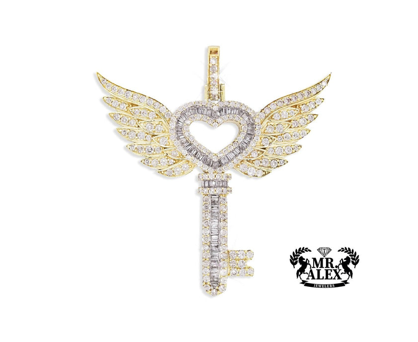 10K Pendant Heart Key with wings 2.00ct - Mr. Alex Jewelry