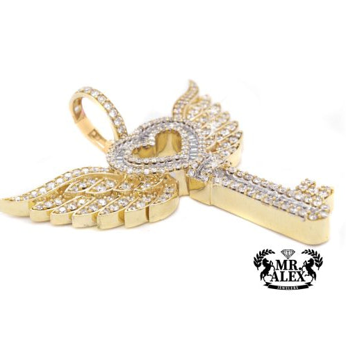 10K Pendant Heart Key with wings 2.00ct - Mr. Alex Jewelry