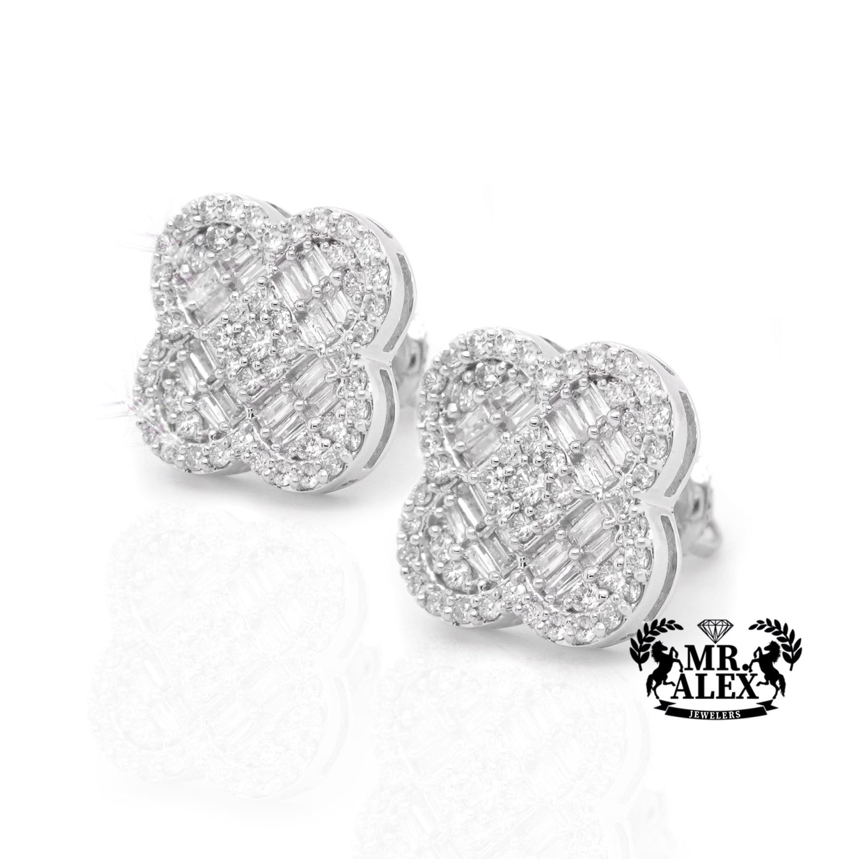 10K White Gold Clover Baguette Diamond Earrings 1.40ct - Mr. Alex Jewelry