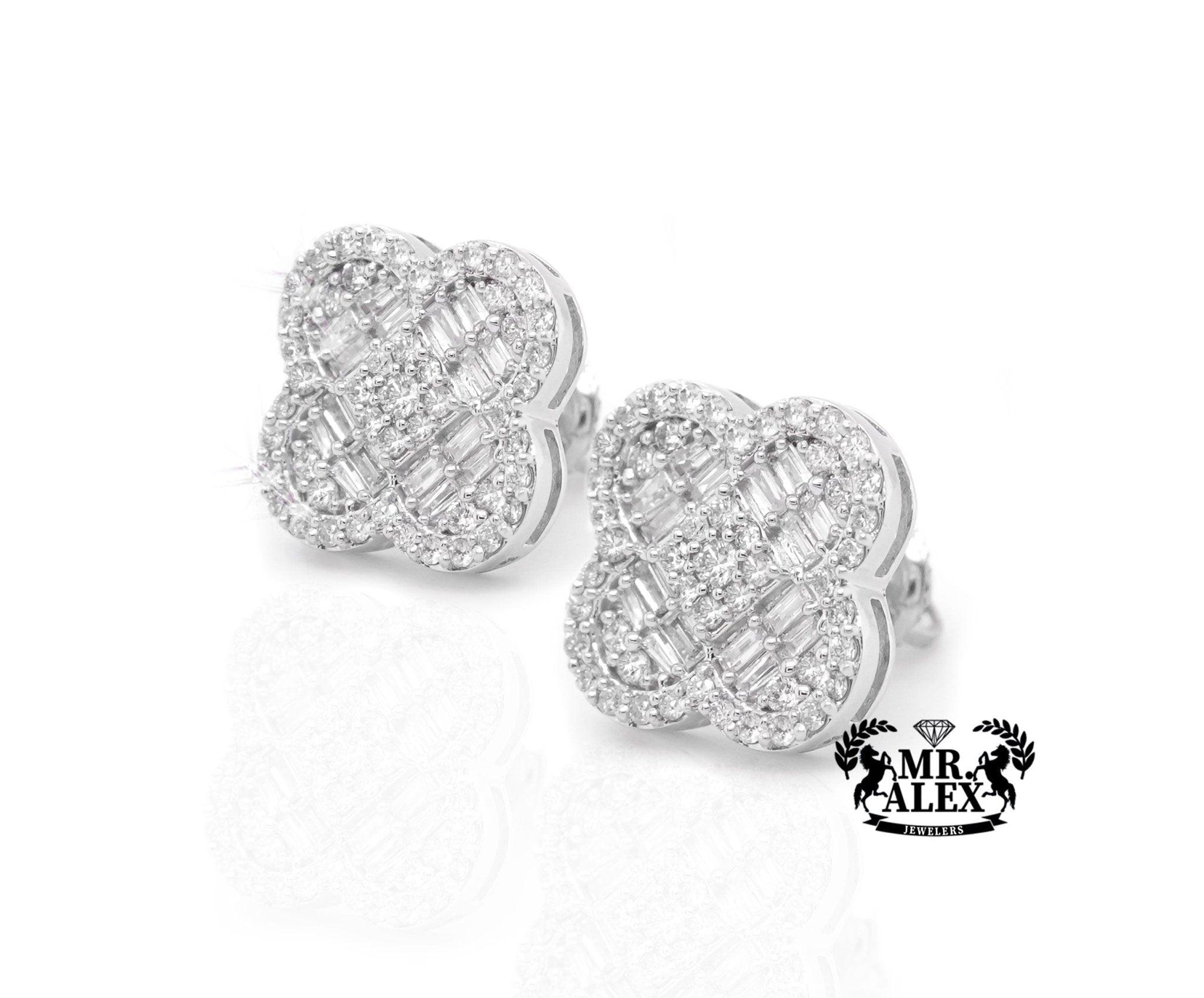 10K White Gold Clover Baguette Diamond Earrings 1.40ct - Mr. Alex Jewelry