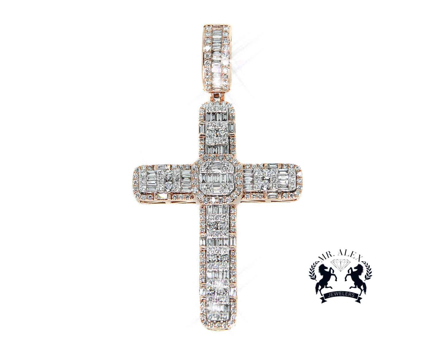14K Cross Diamond Baguette Pendant 3.65ct - Mr. Alex Jewelry