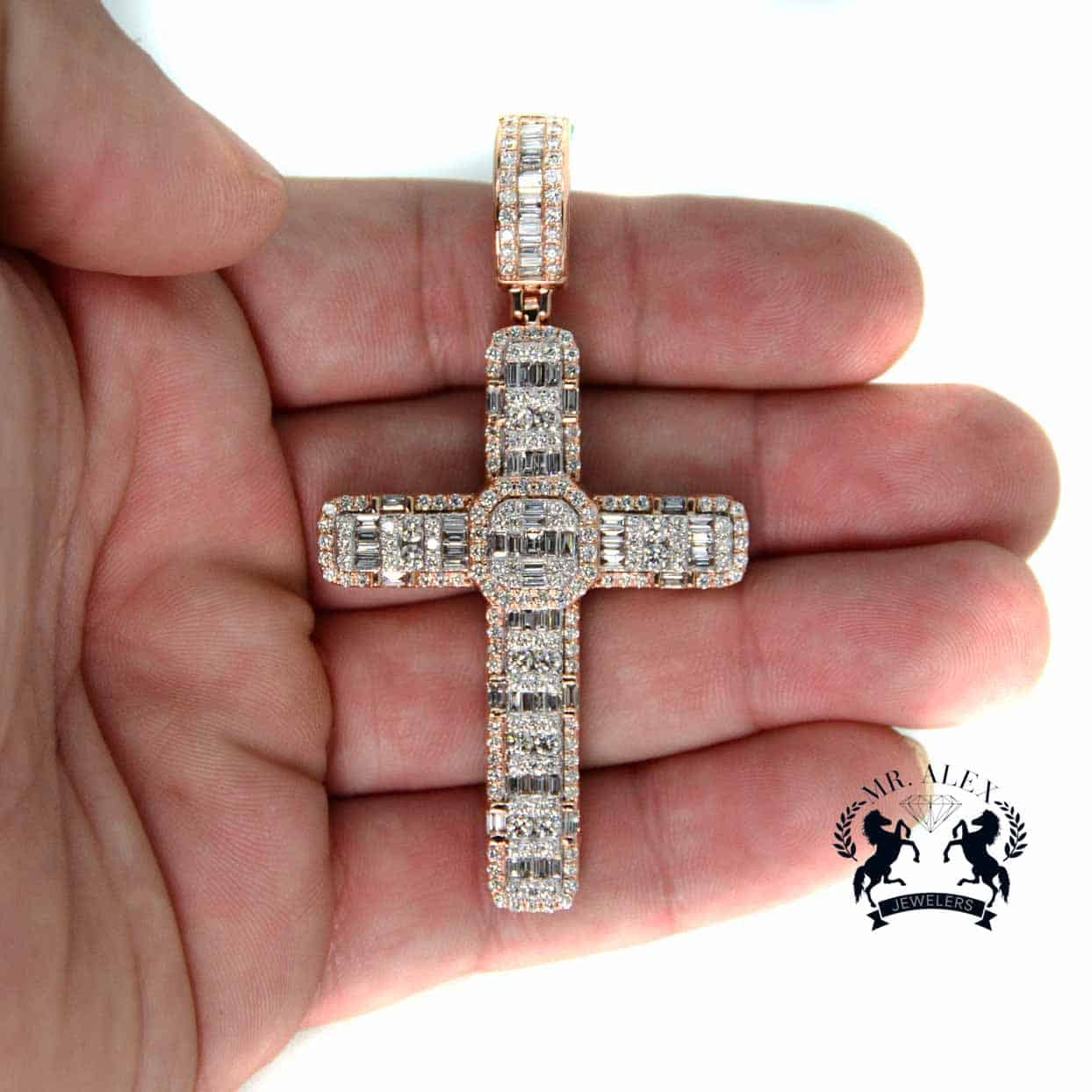 14K Cross Diamond Baguette Pendant 3.65ct - Mr. Alex Jewelry