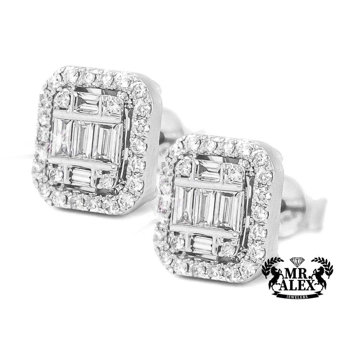 14K Emerald Cut Baguette Diamond Halo Earrings 0.80CT - Mr. Alex Jewelry