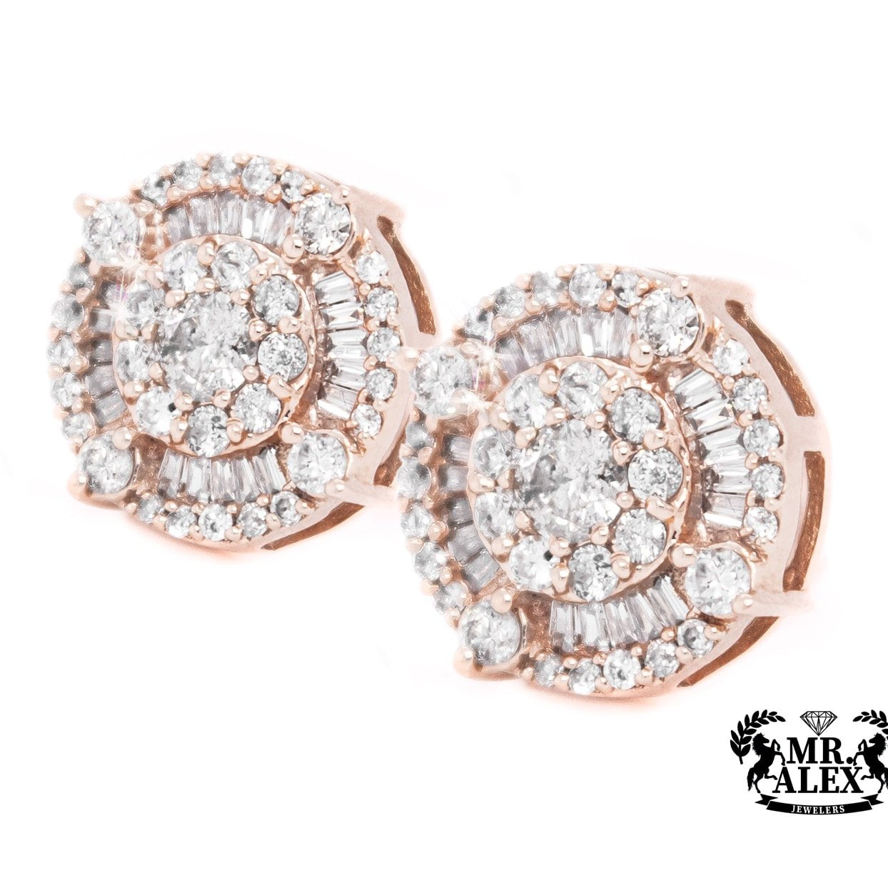 14K Halo Baguette and Round Diamond Earrings 1.25CT - Mr. Alex Jewelry