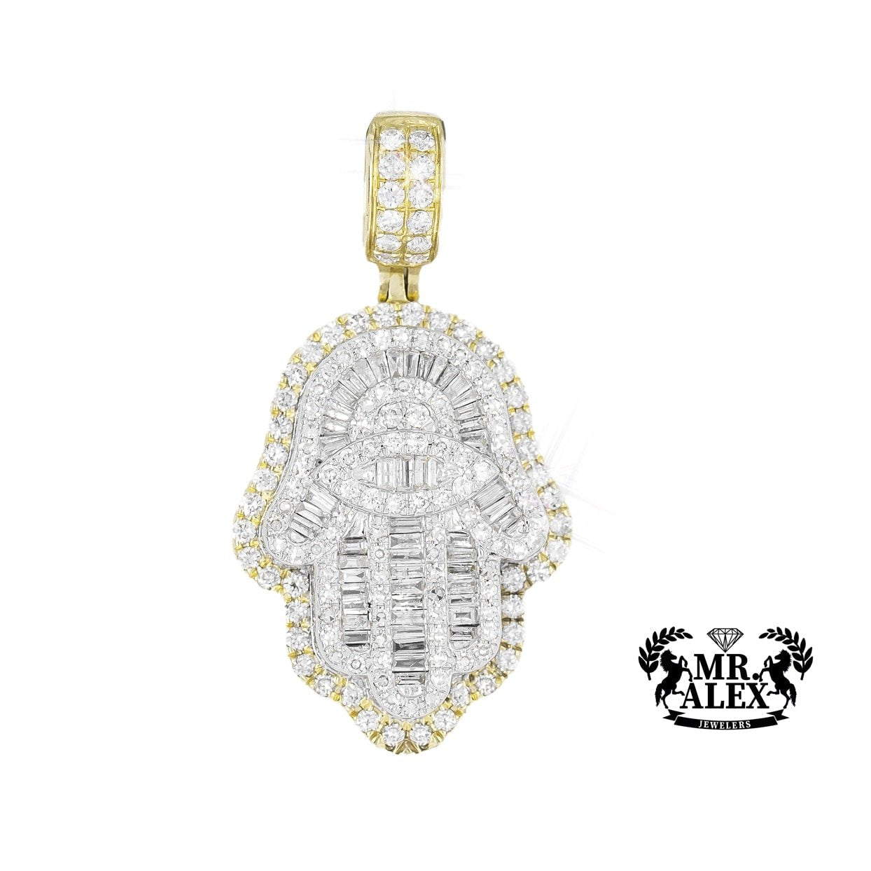 14K Hamsa Diamond Baguette Pendant 2.70ct - Mr. Alex Jewelry