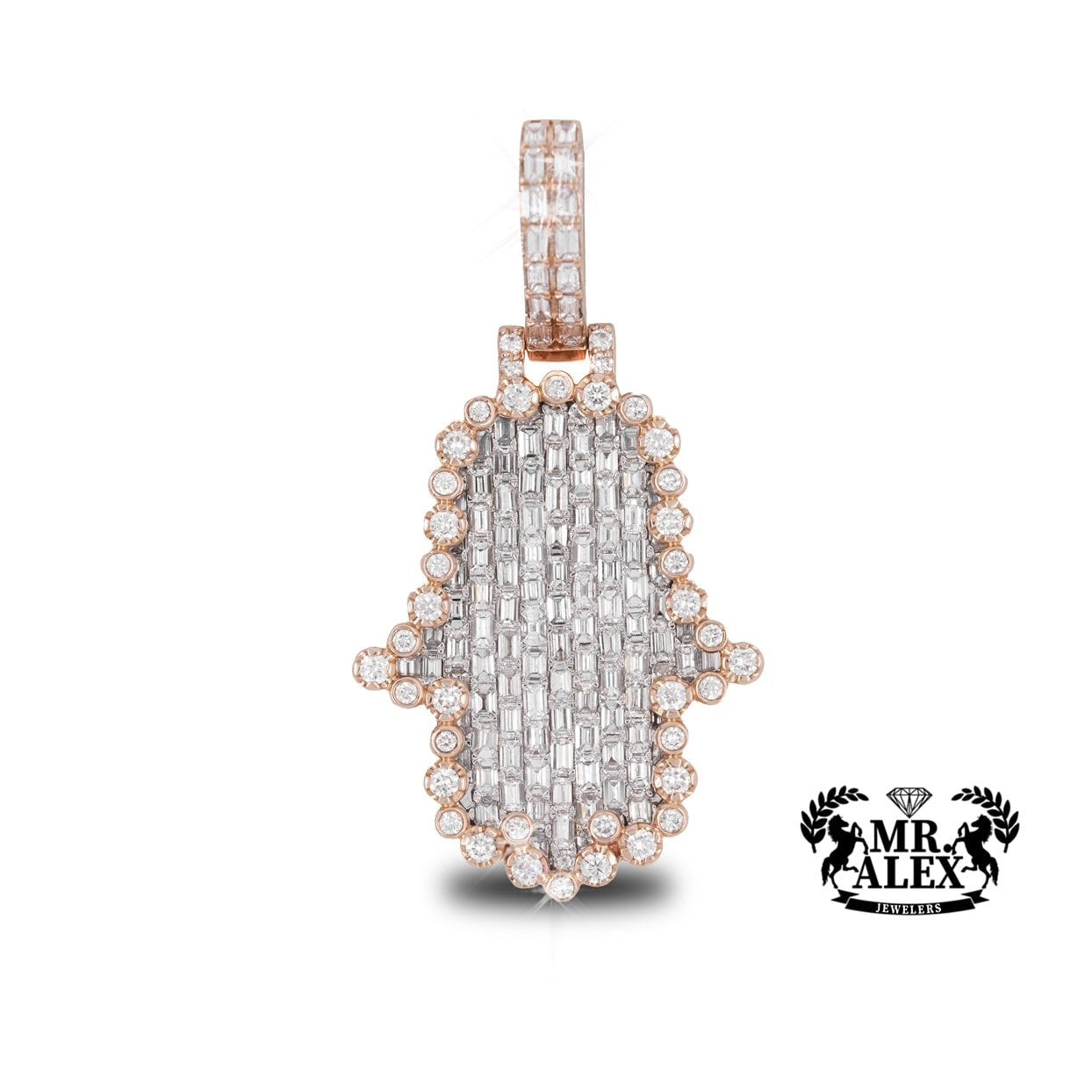 14K Hamsa Diamond Baguette Pendant 5.08ct - Mr. Alex Jewelry