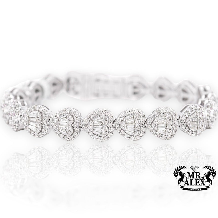 14K Heart Baguette Tennis Bracelet White Gold - Mr. Alex Jewelry