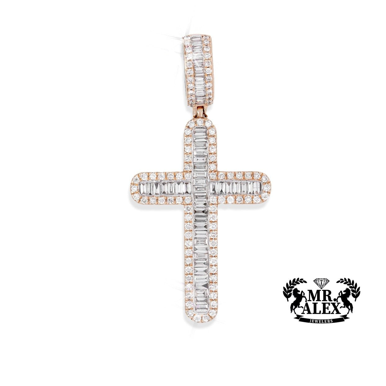 14K Rounded Baguette Cross Pendant 2.50ct - Mr. Alex Jewelry