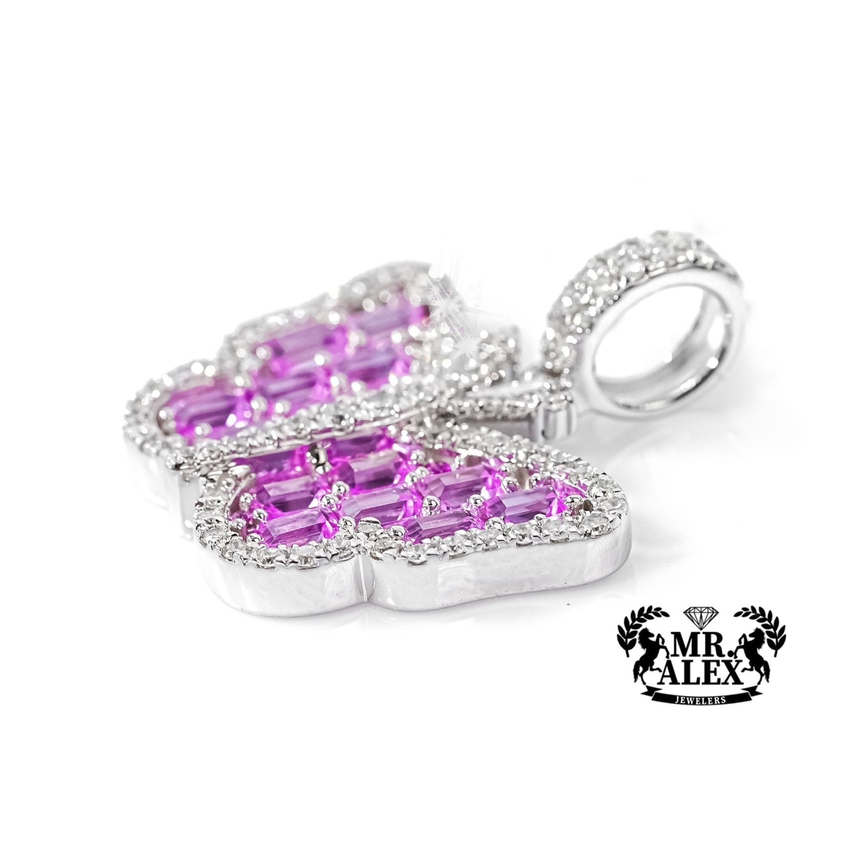 14K White Gold Butterfly Diamond Pendant 0.80ct with Pink Emeralds - Mr. Alex Jewelry