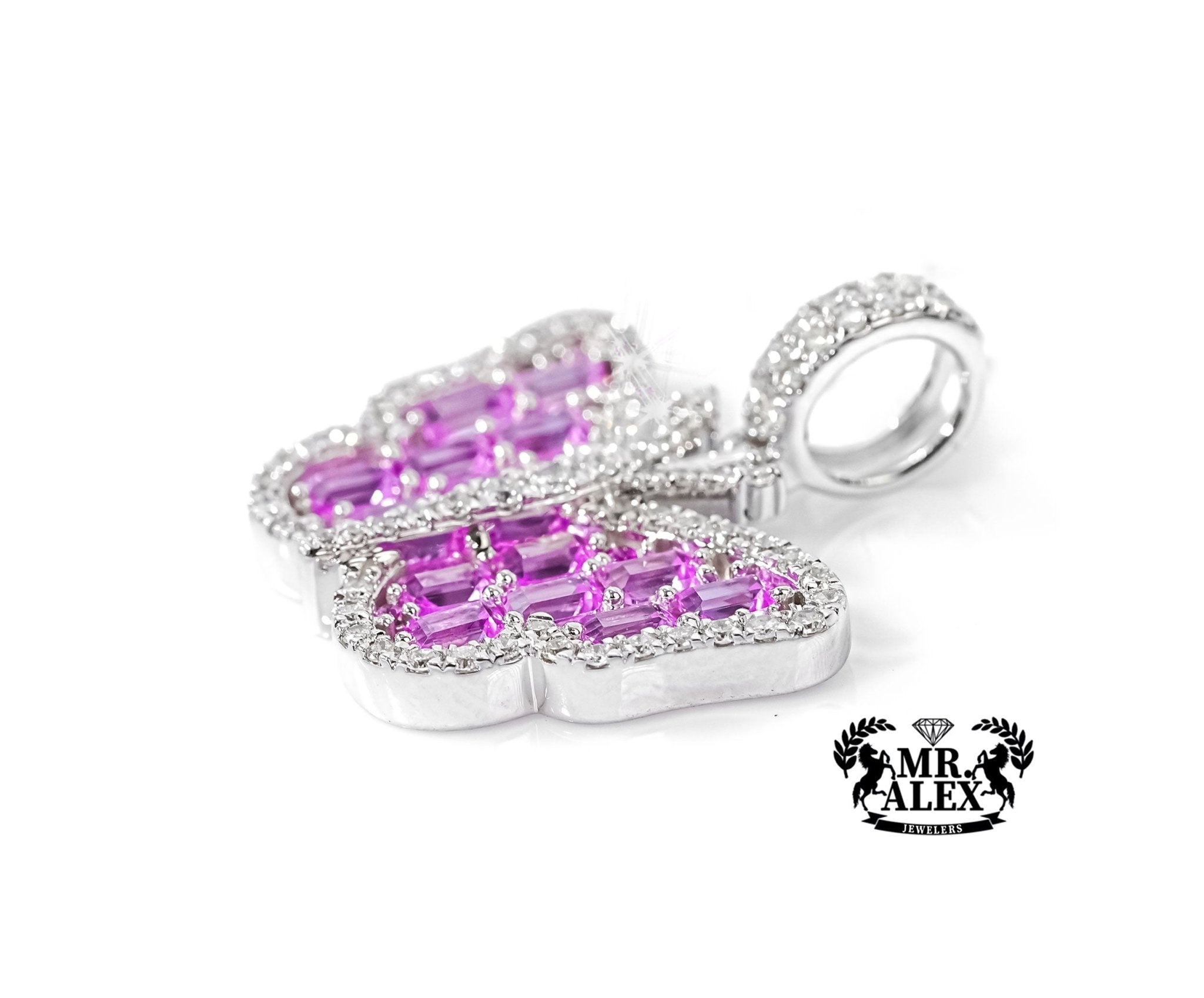14K White Gold Butterfly Diamond Pendant 0.80ct with Pink Emeralds - Mr. Alex Jewelry