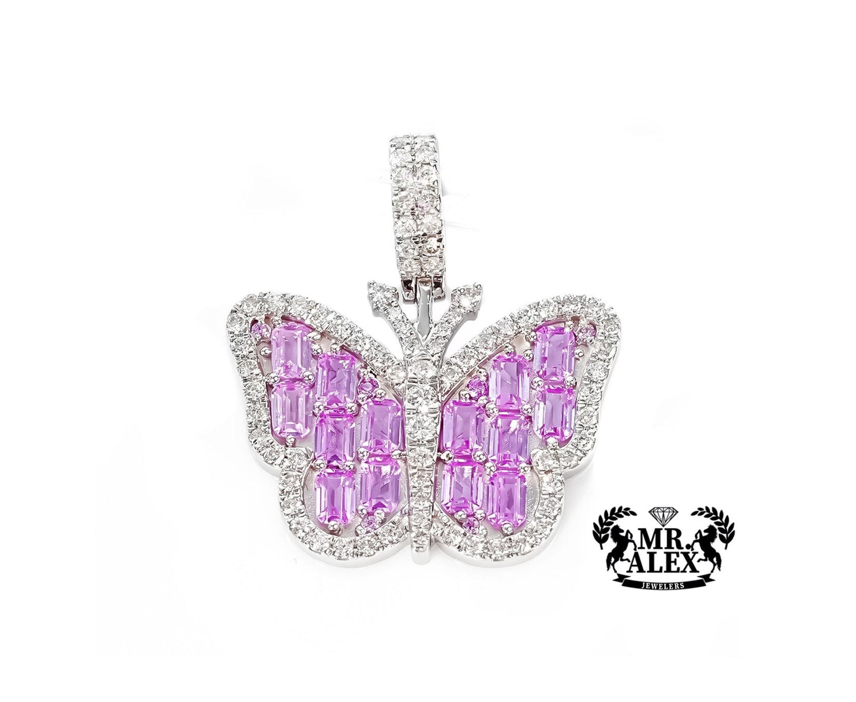 14K White Gold Butterfly Diamond Pendant 0.80ct with Pink Emeralds - Mr. Alex Jewelry