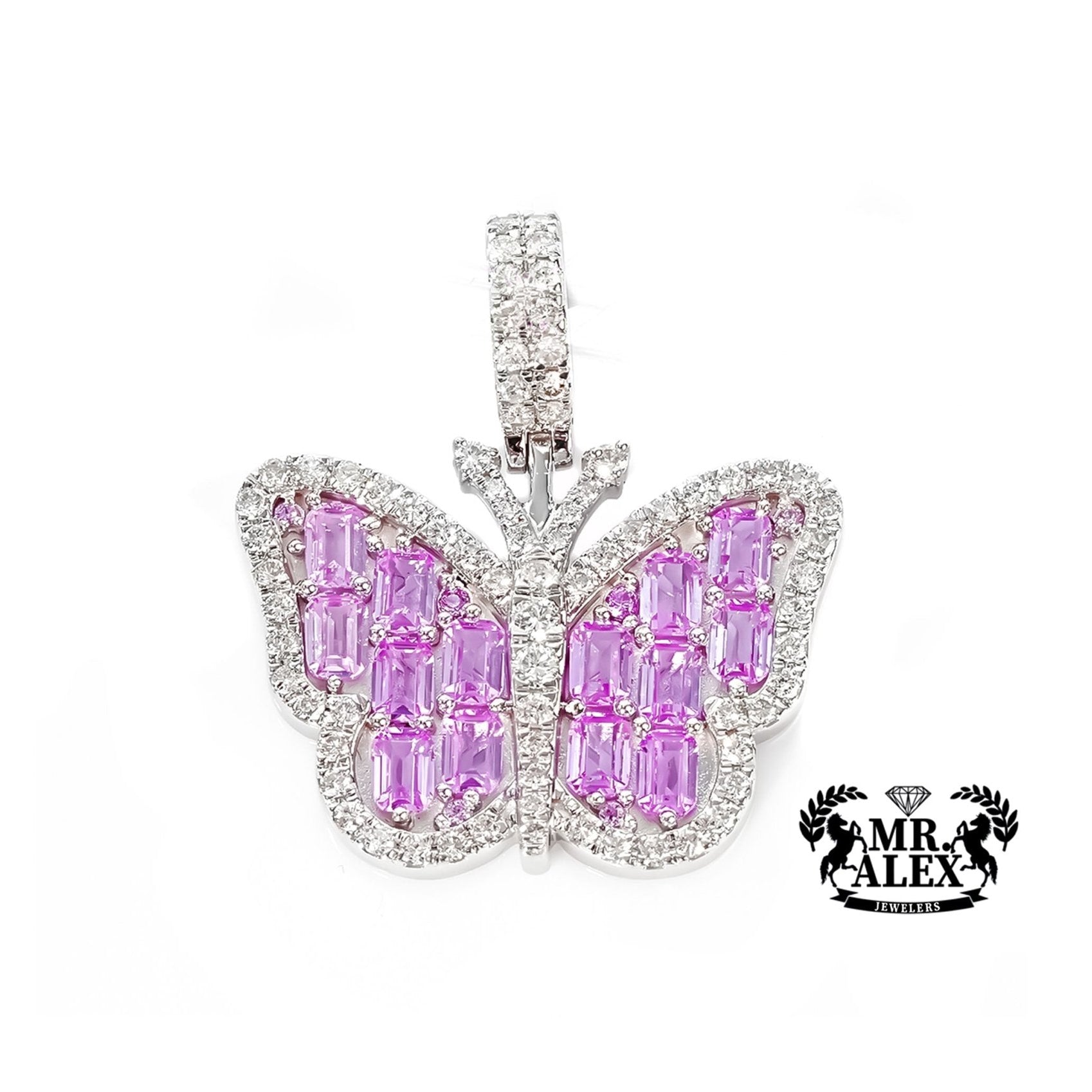 14K White Gold Butterfly Diamond Pendant 0.80ct with Pink Emeralds - Mr. Alex Jewelry