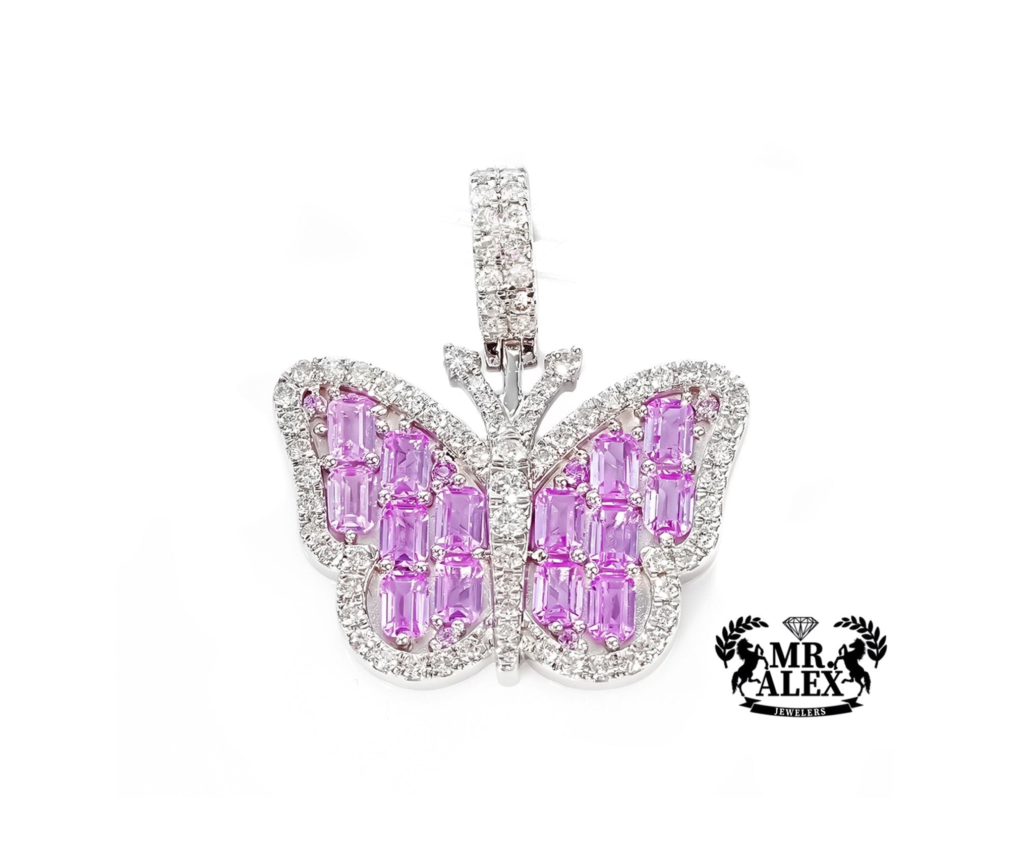 14K White Gold Butterfly Diamond Pendant 0.80ct with Pink Emeralds - Mr. Alex Jewelry