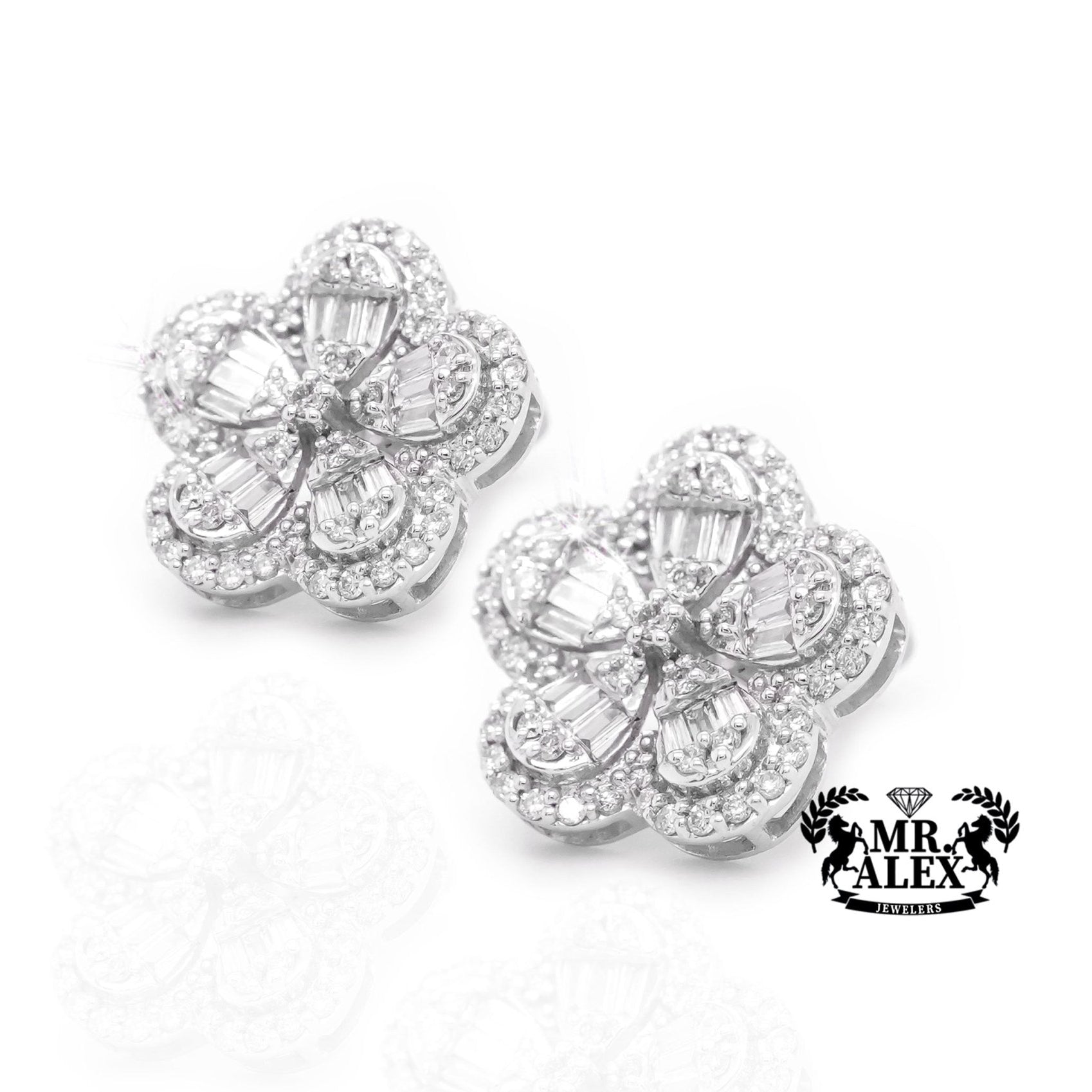 14K White Gold Clover Baguette Diamond Earrings 1.25ct - Mr. Alex Jewelry