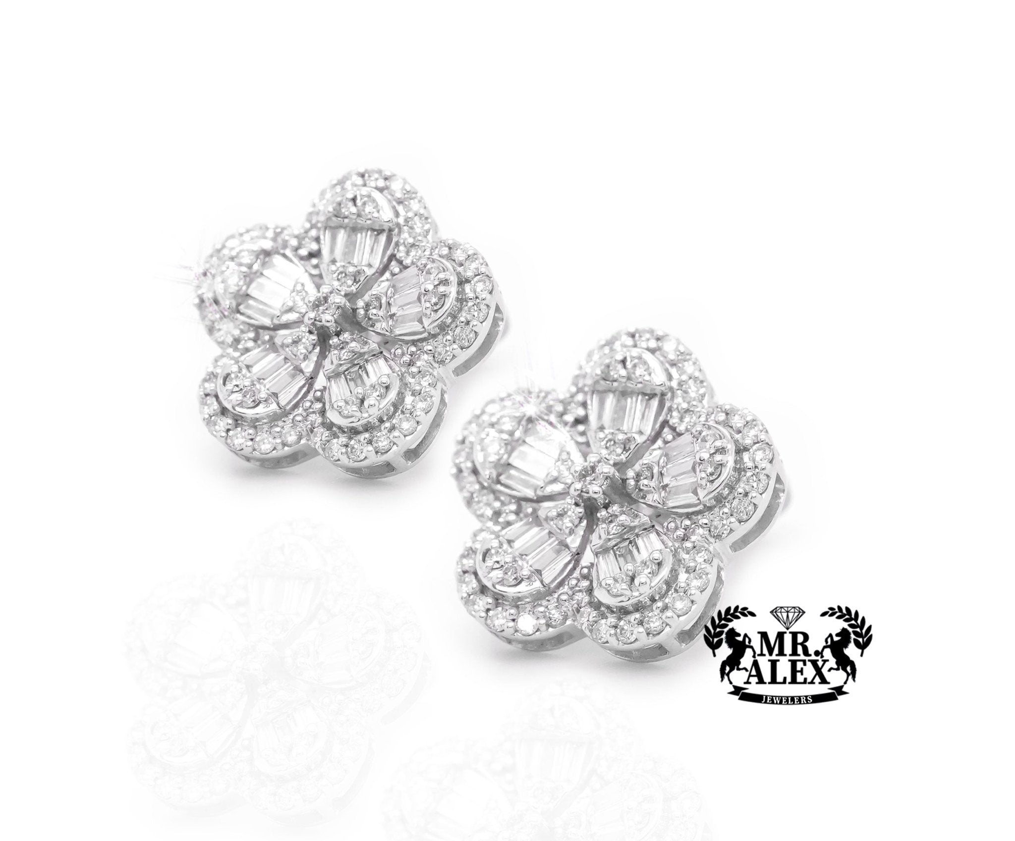 14K White Gold Clover Baguette Diamond Earrings 1.25ct - Mr. Alex Jewelry