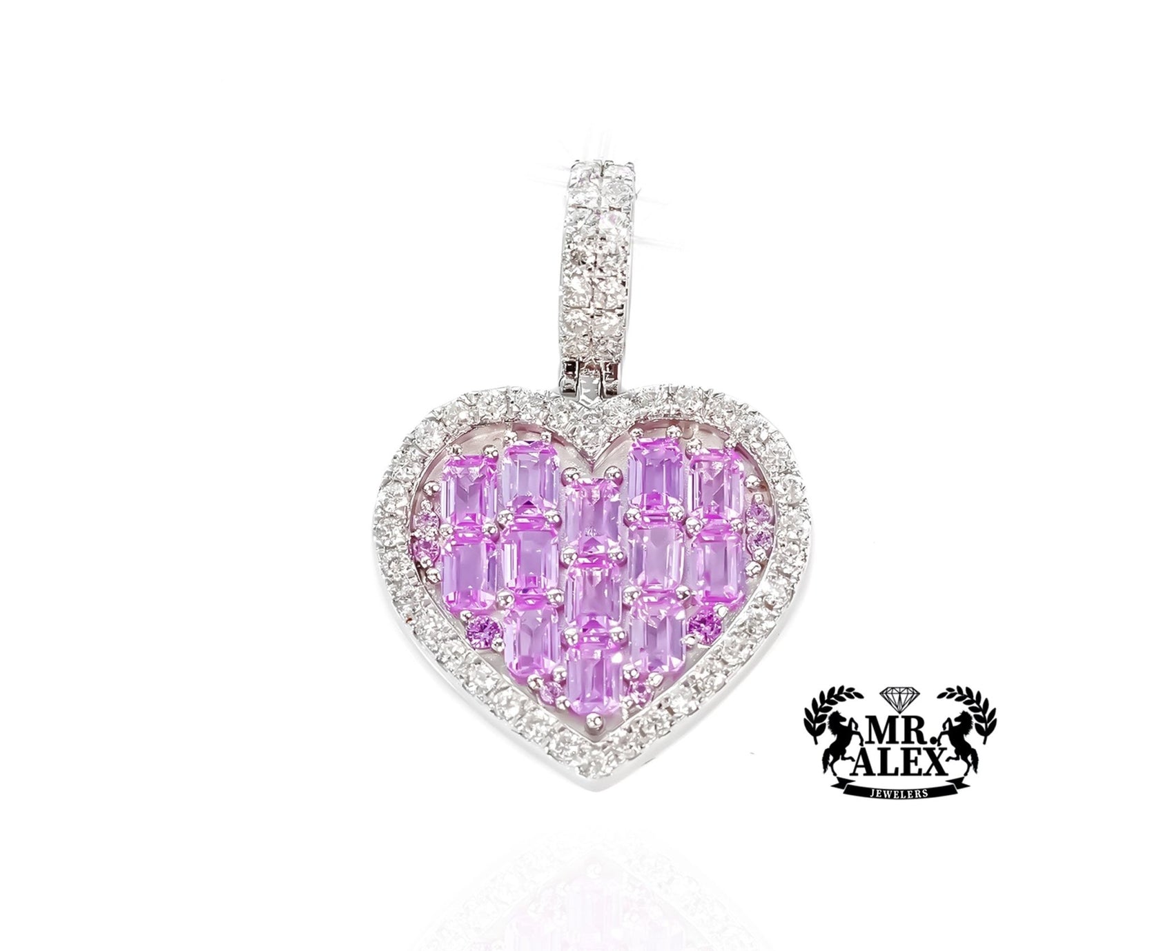 14K White Gold Heart Pendant with Pink Emeralds Diamonds 0.60ct - Mr. Alex Jewelry