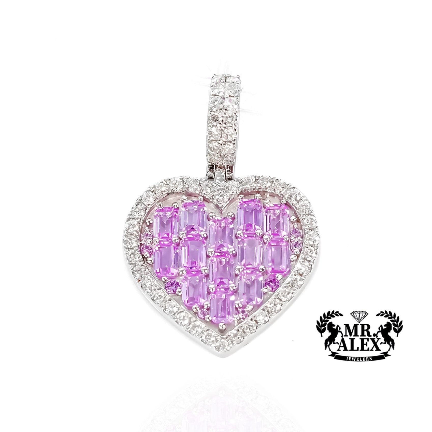 14K White Gold Heart Pendant with Pink Emeralds Diamonds 0.60ct - Mr. Alex Jewelry