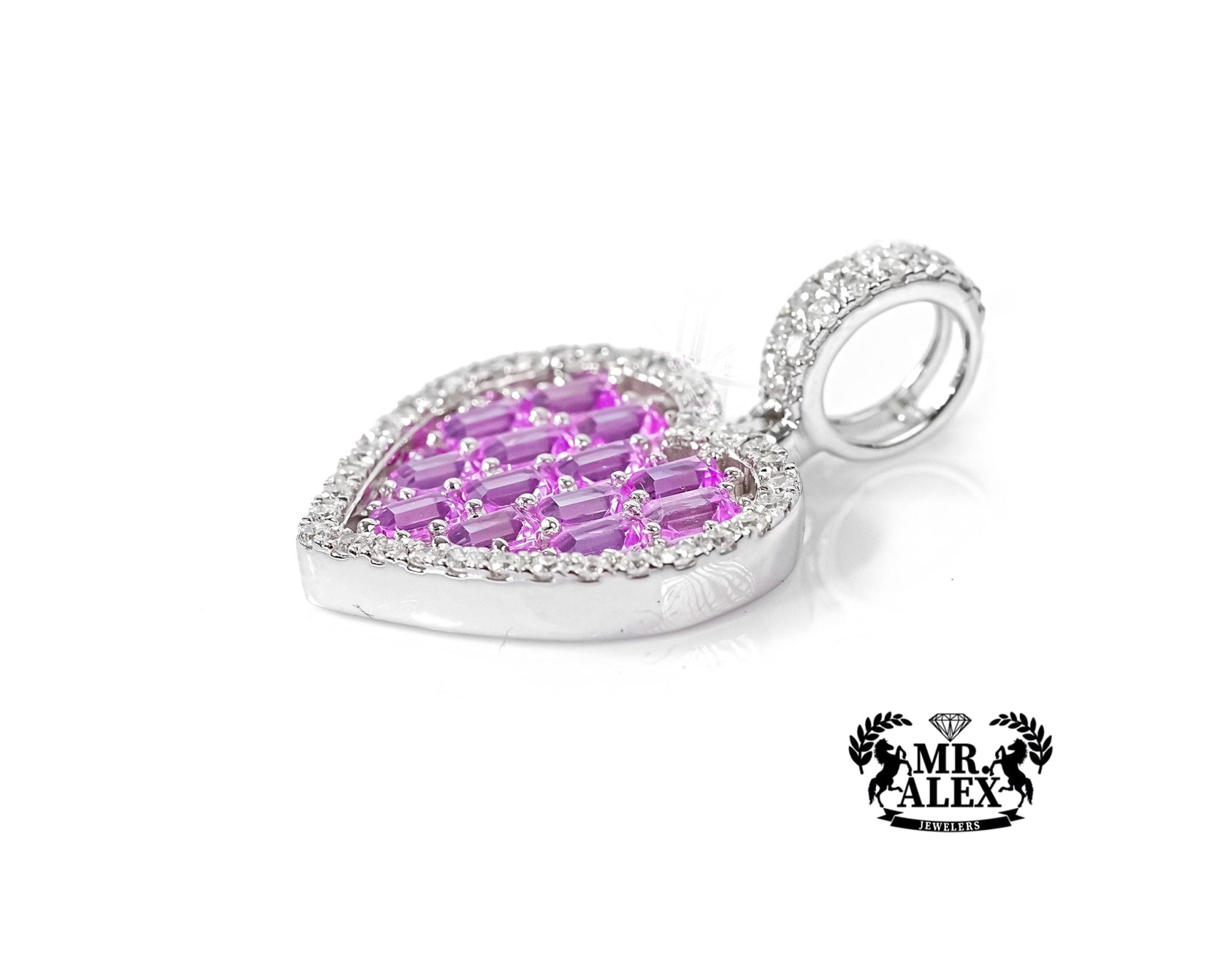 14K White Gold Heart Pendant with Pink Emeralds Diamonds 0.60ct - Mr. Alex Jewelry
