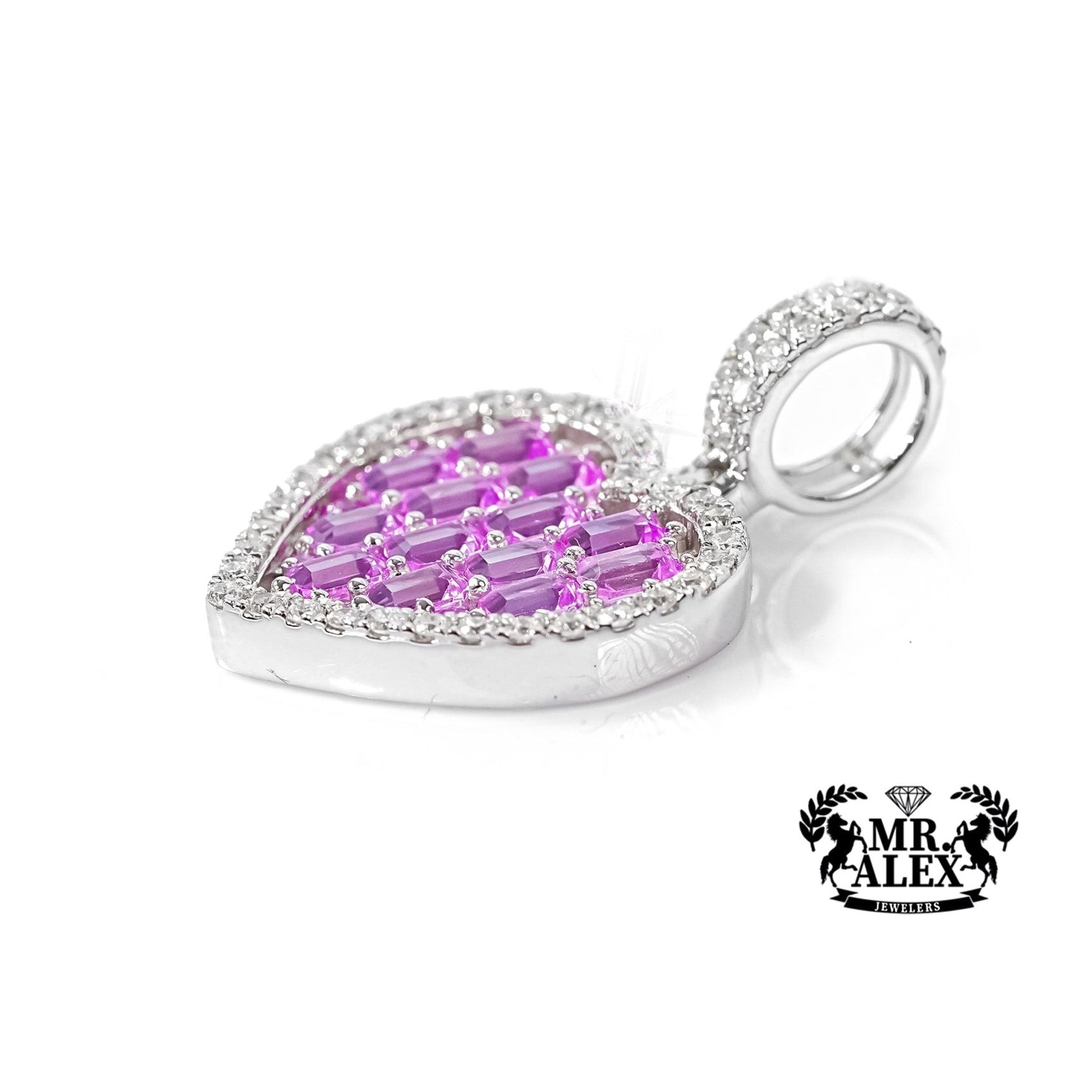 14K White Gold Heart Pendant with Pink Emeralds Diamonds 0.60ct - Mr. Alex Jewelry